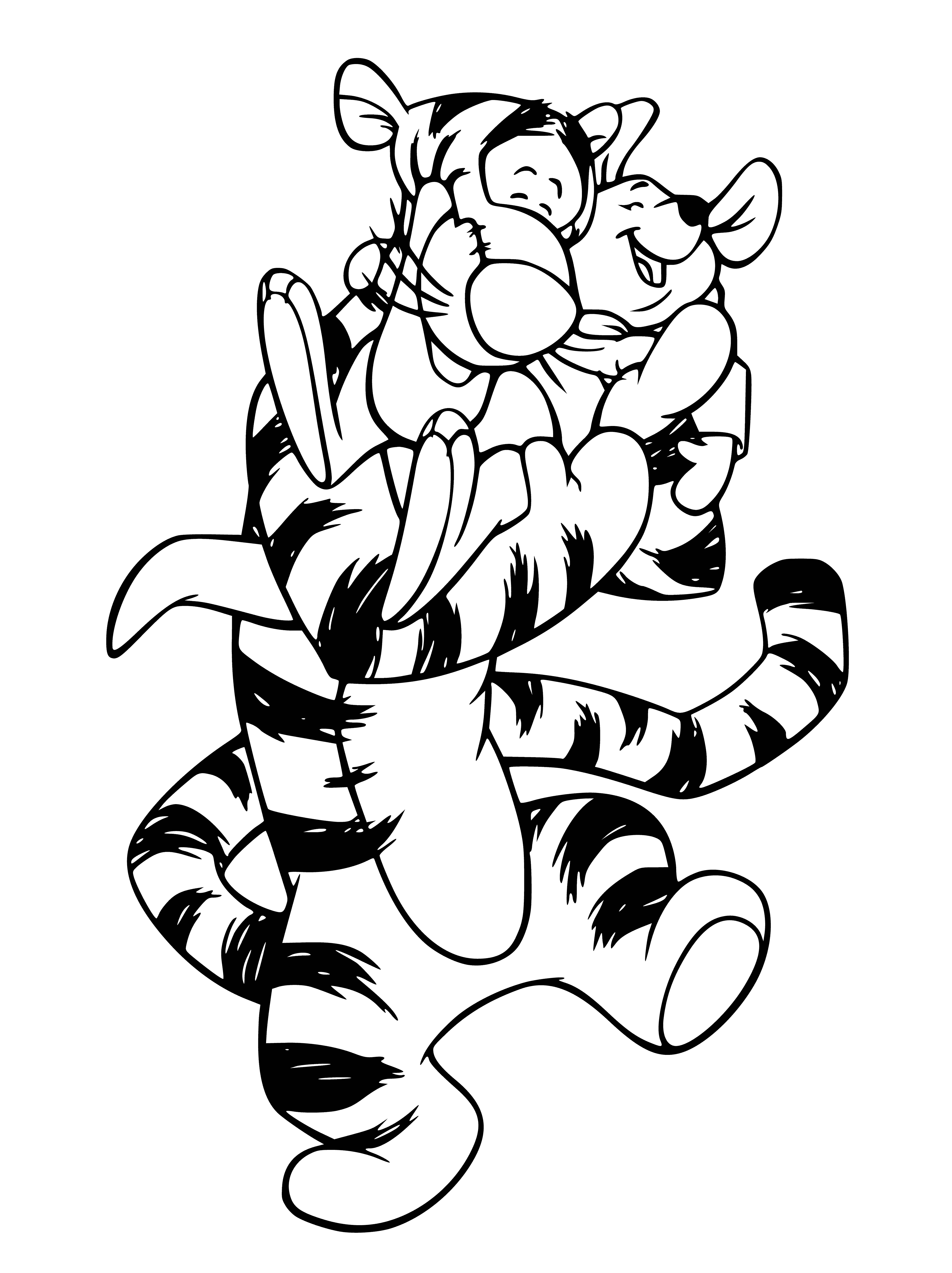 coloring page: Tigger cuddles Roo, Roo giggles and kicks as they enjoy each other's company. Both smiling.
