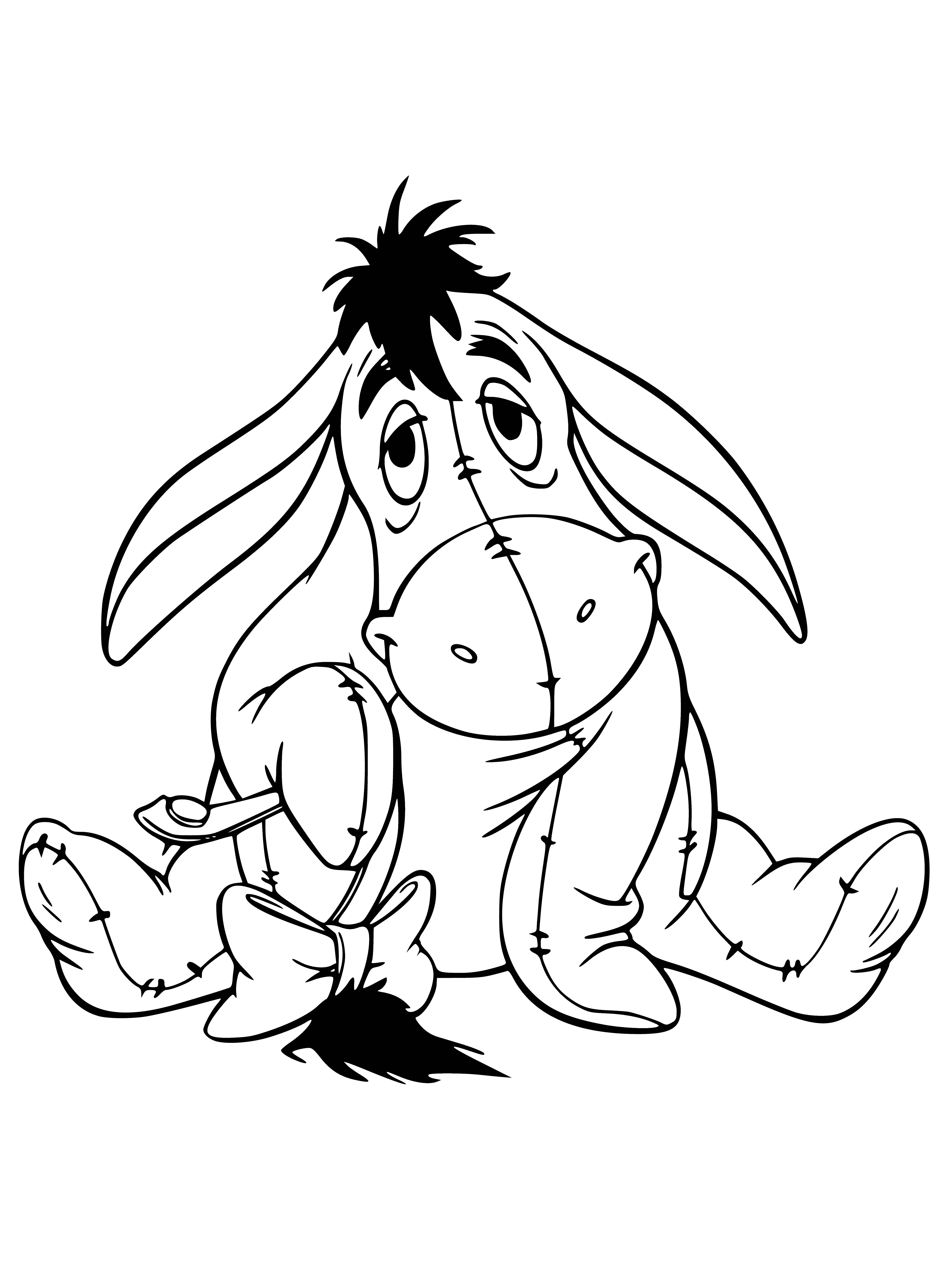 coloring page: Eeyore is an unhappy donkey who wears a blue ribbon and a purple bow on his long, skinny tail.
