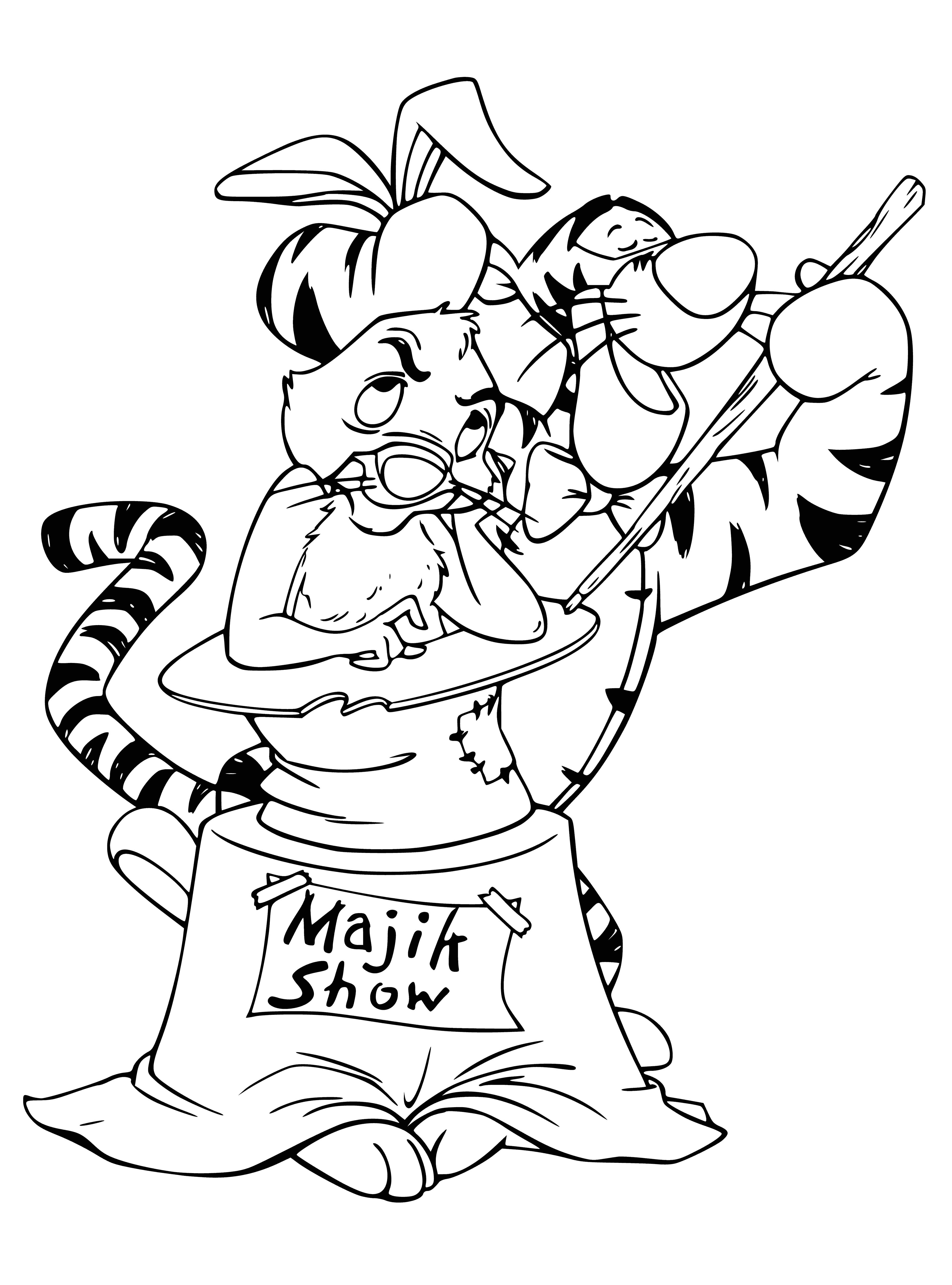 coloring page: Tiger magician in purple cape & top hat holds a wand & a scared rabbit in his left hand.