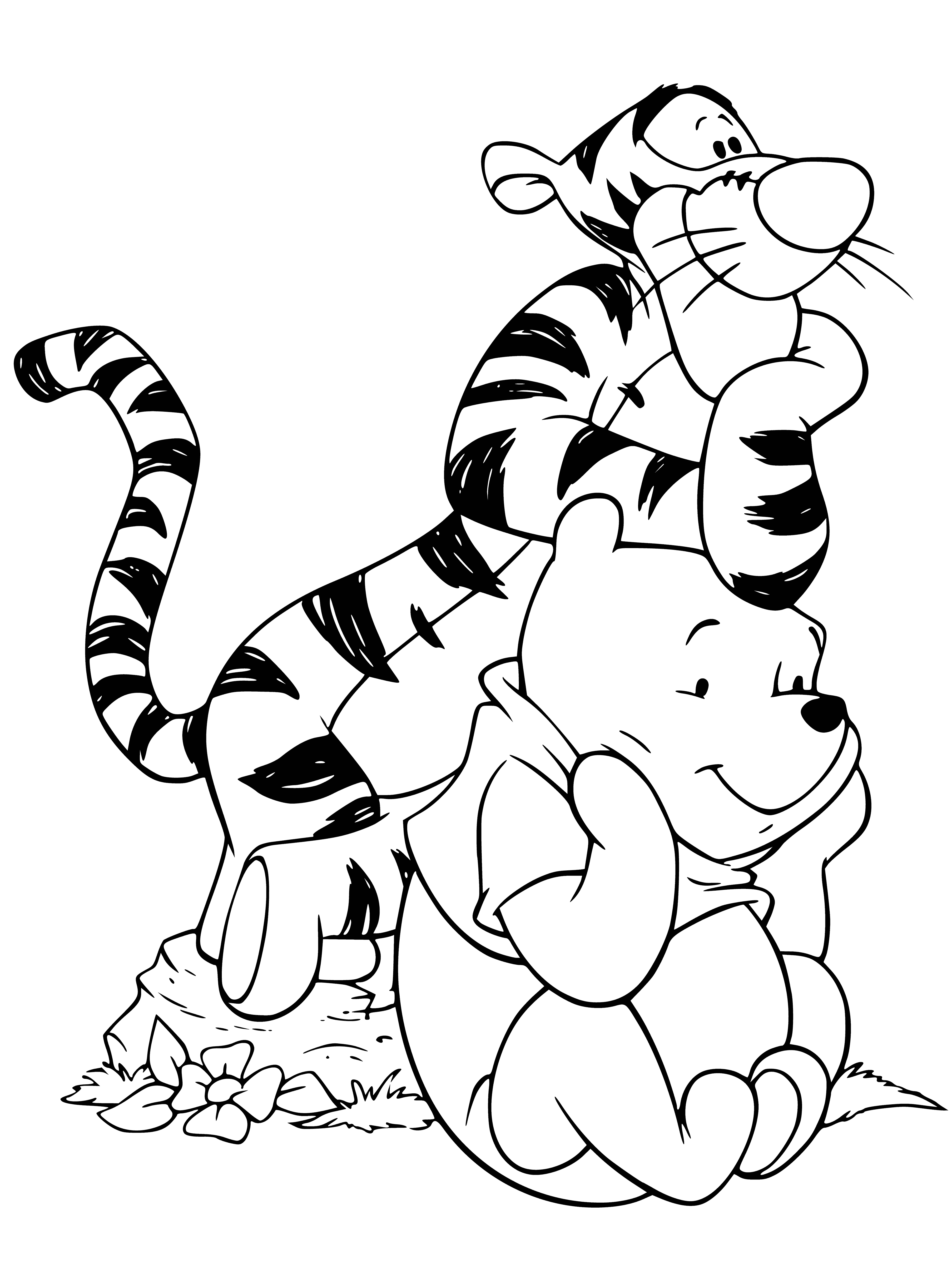 coloring page: Tigger happily bounces & Winnie looks contentedly from under a tree, enjoying each other's company. #WinnieThePooh