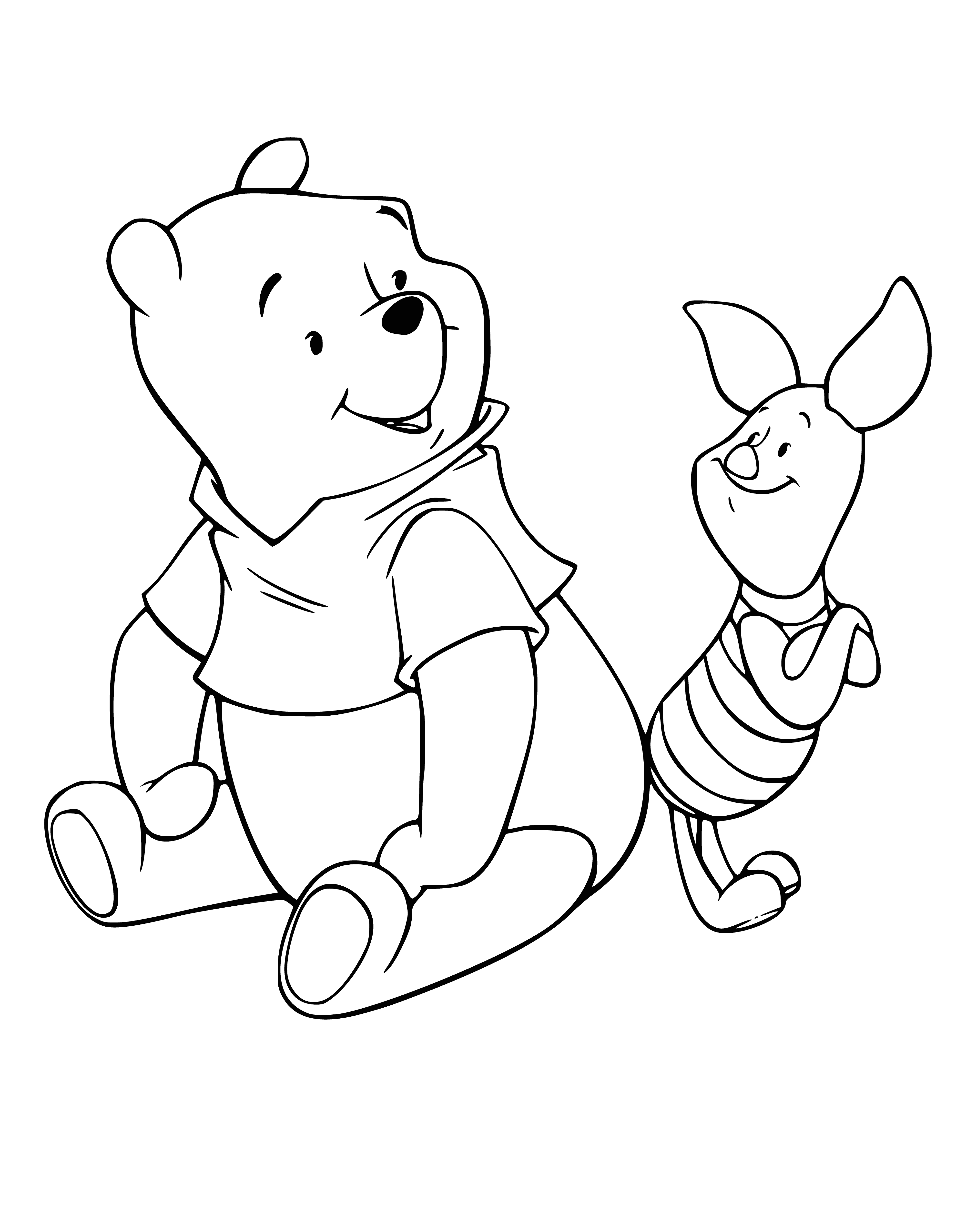 coloring page: A bear & pig sit in a chair, bear reading & pointing to words as the pig looks on with a smile. Nearby: a table with a teapot & two cups.