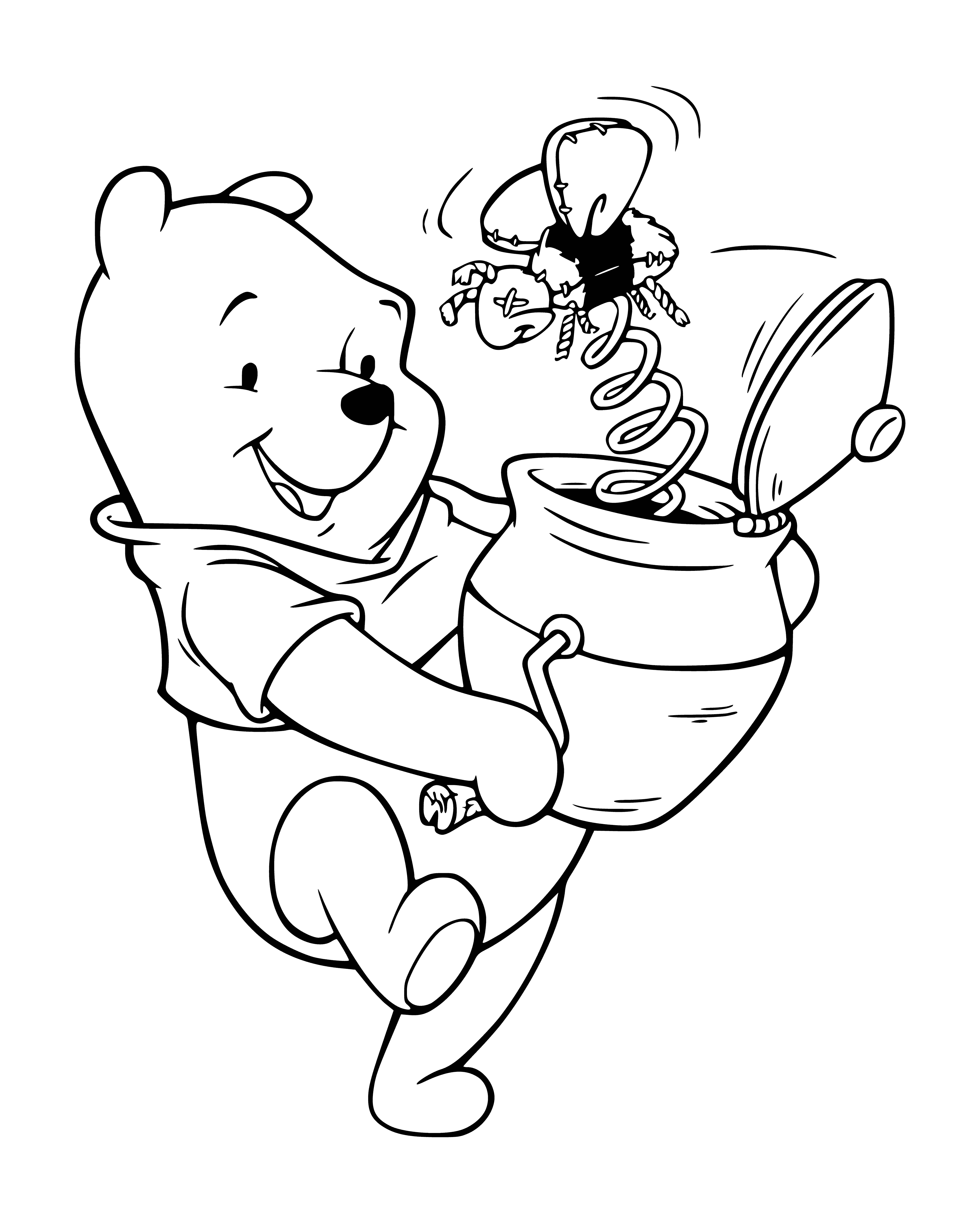 coloring page: Winnie the Pooh stands in front of tree holding a red balloon & yellow pot with a bluebird perched on edge.