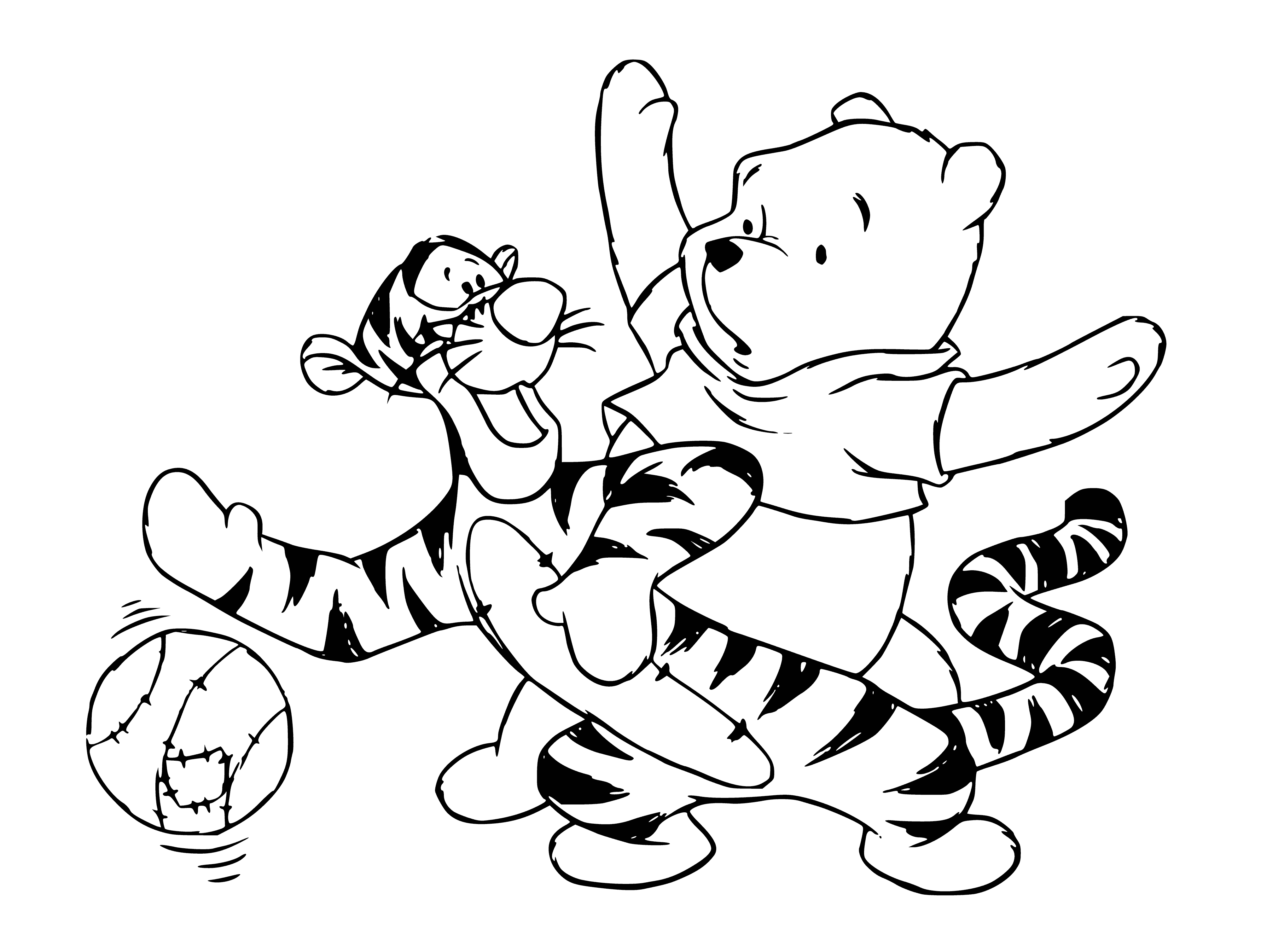 coloring page: Teddy bear and tiger cuddle: bear is lying, tiger's standing and holding bear's paw in mouth. #animals