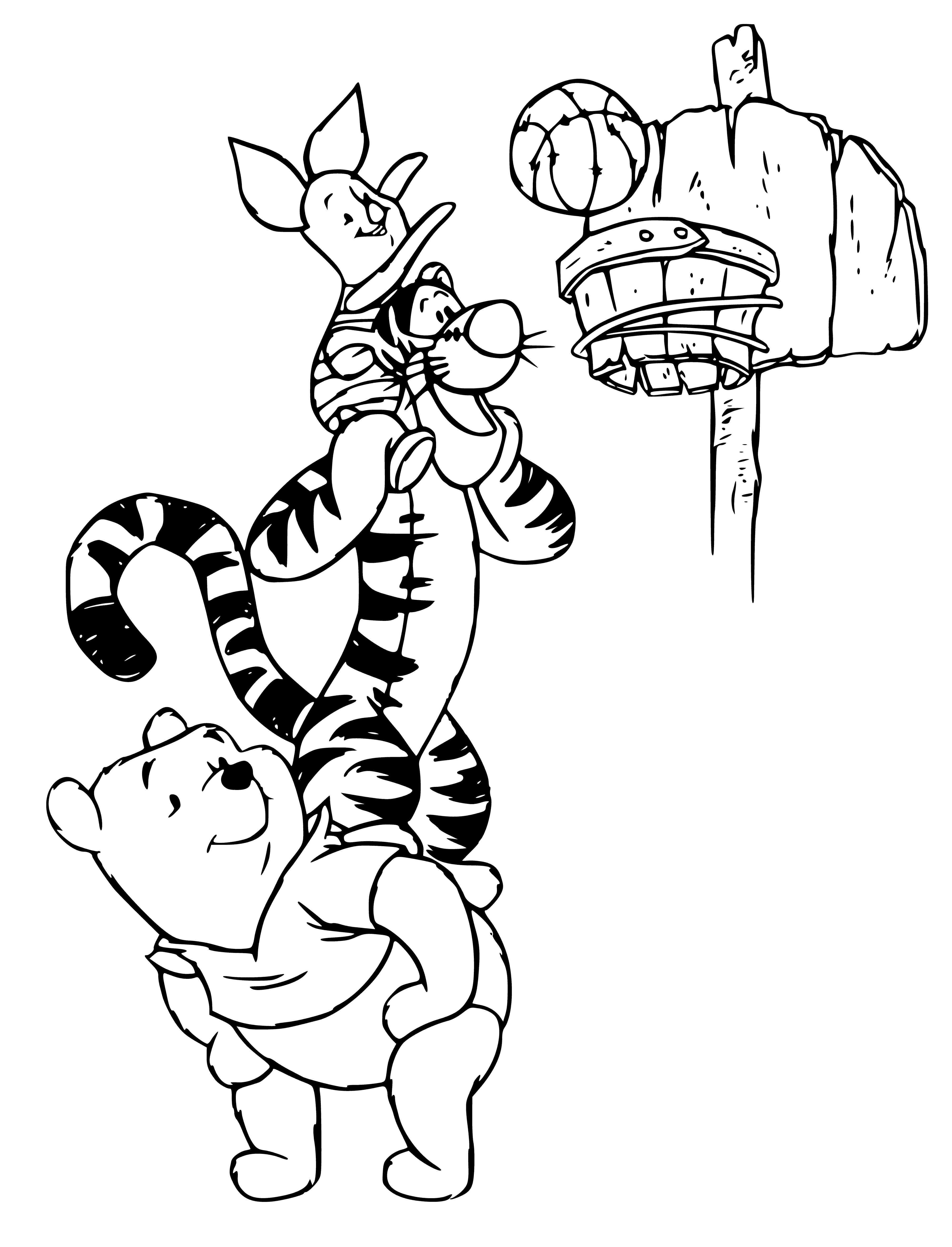 coloring page: Group of toys, including a bear holding a b-ball, watched by other animals in a coloring page.