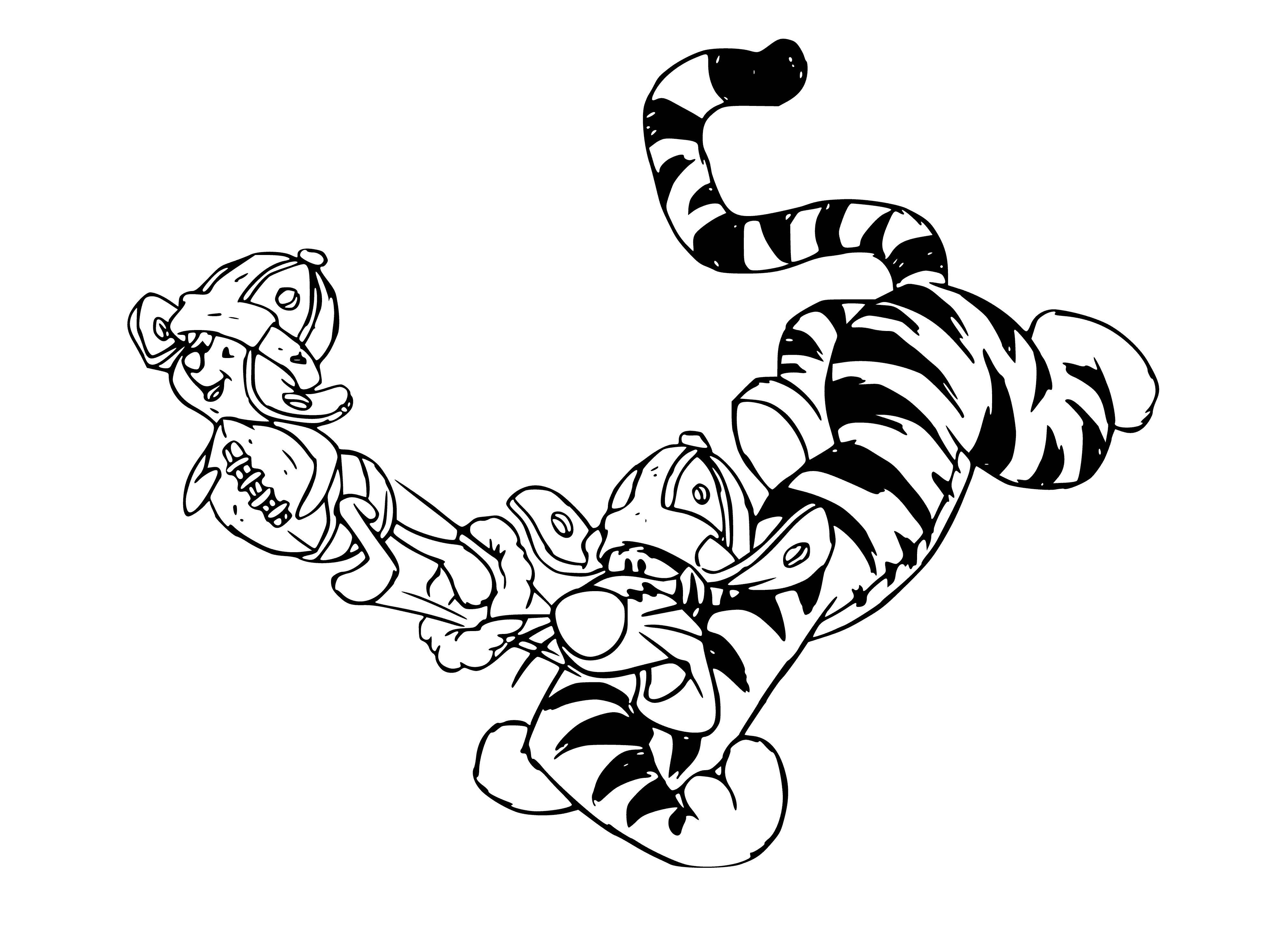 coloring page: Small yellow baby kangaroo meets friendly orange tiger in tall grass, tail straight up in the air in a friendly smile.
