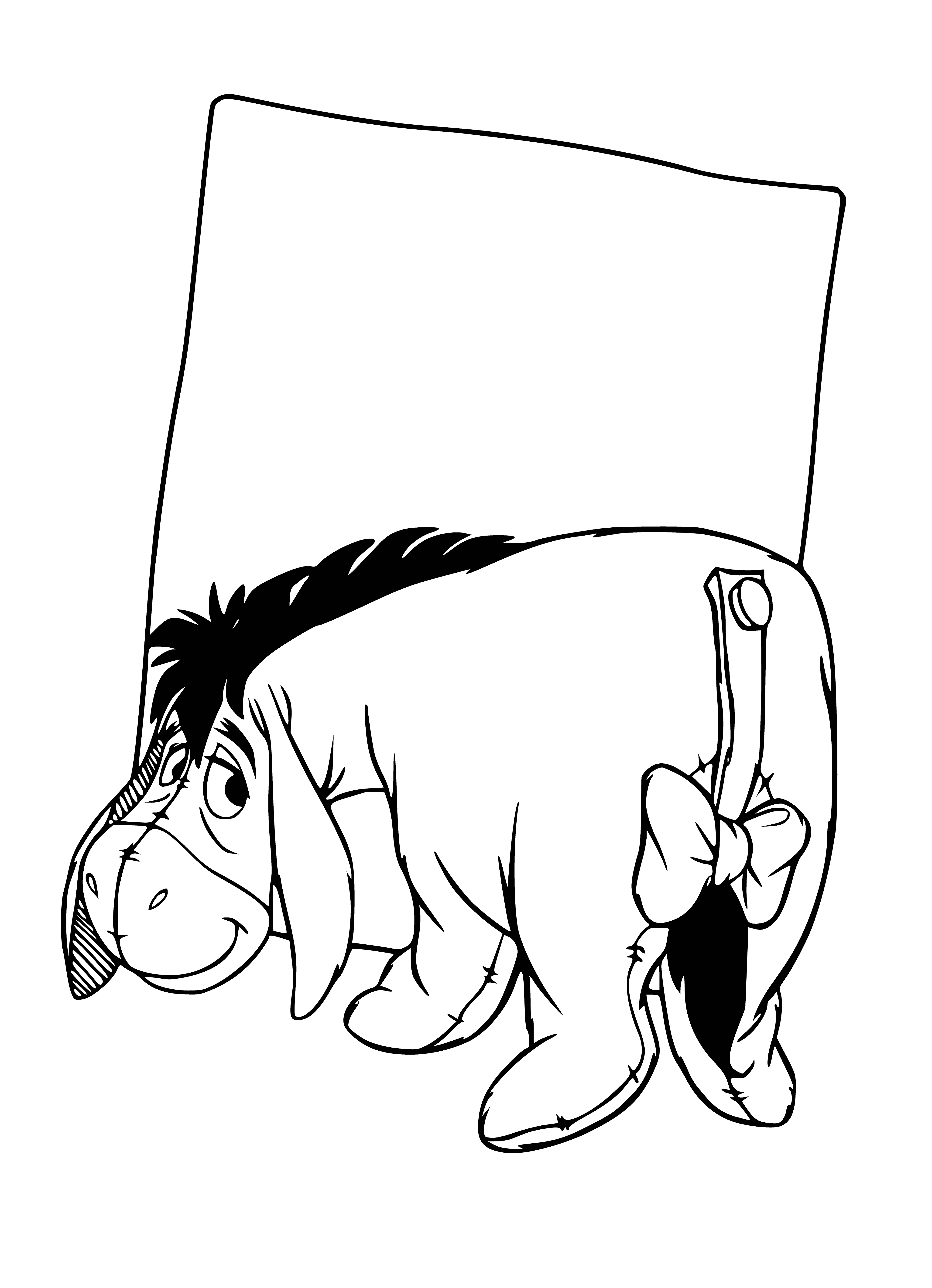 coloring page: Beige rabbit wearing red/white shirt, blue pants sits with legs crossed, in front of big blue/white striped box.