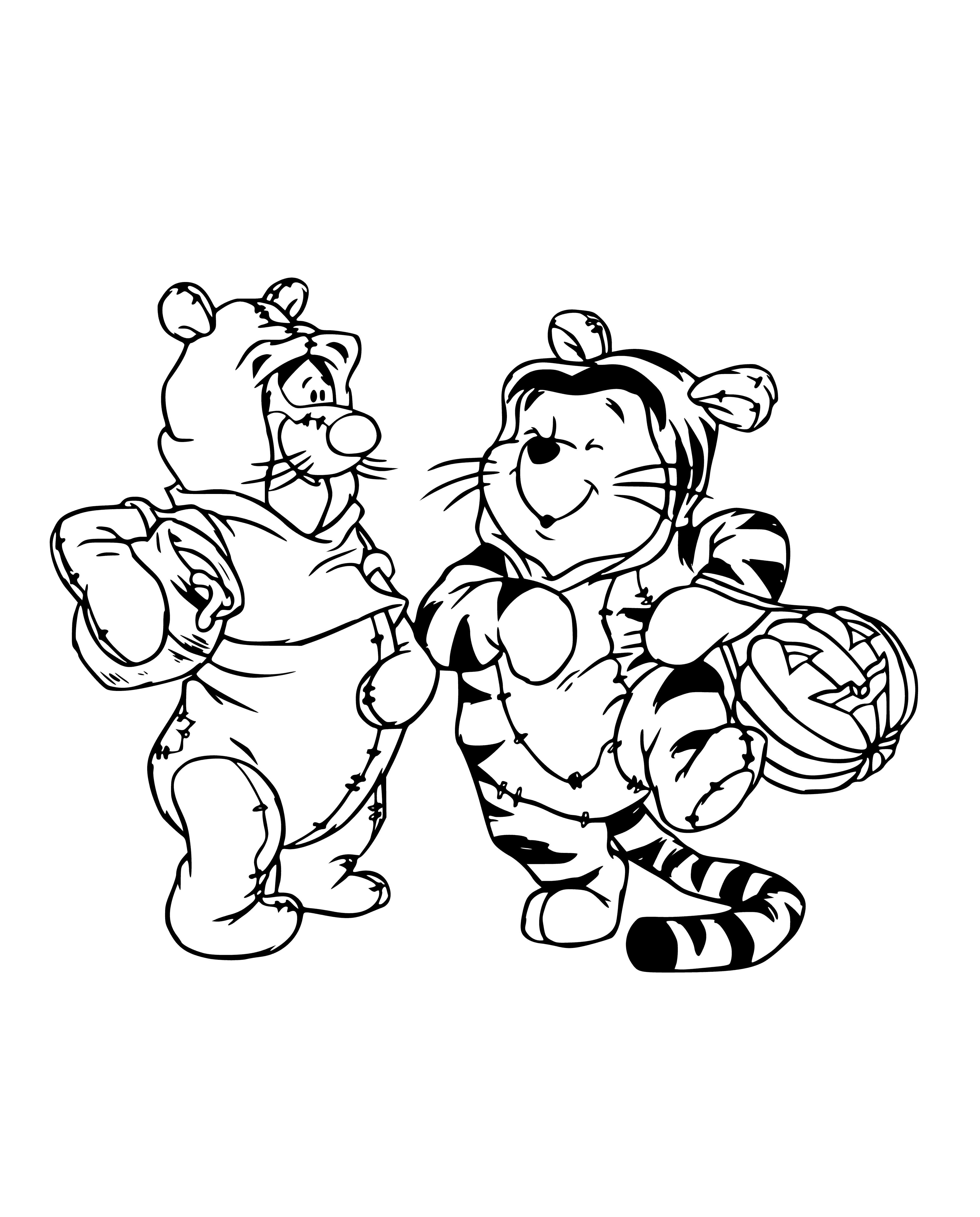 coloring page: Winnie the Pooh and friends dress up: Pooh a mask & sword, Tigger a cape & stick, Eeyore a mask & sign "BOO", Piglet a mask & basket of flowers; bees around the flowers.
