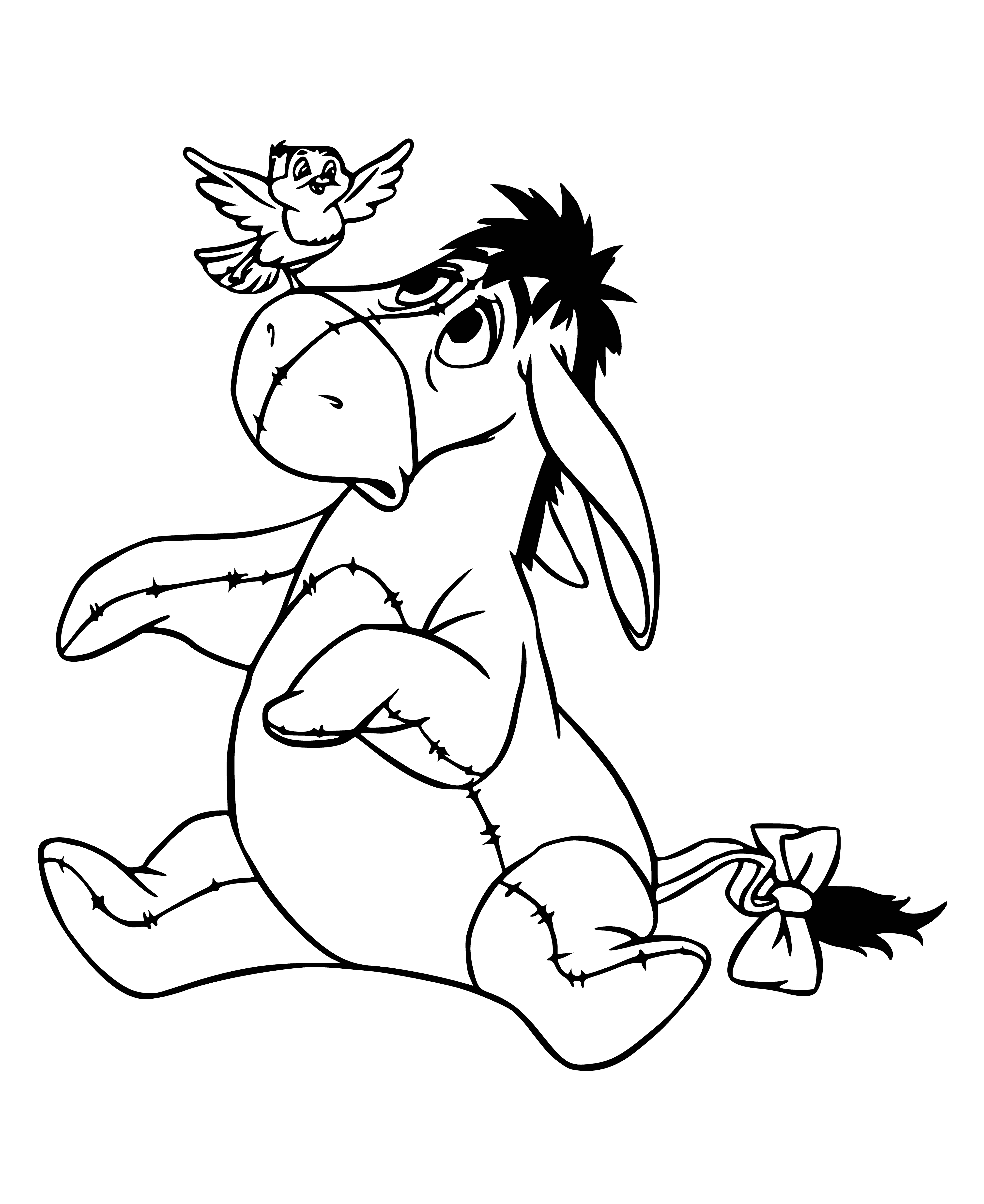 coloring page: Eeyore is lying on the ground, sad, with a sympathetic bird on his stomach.