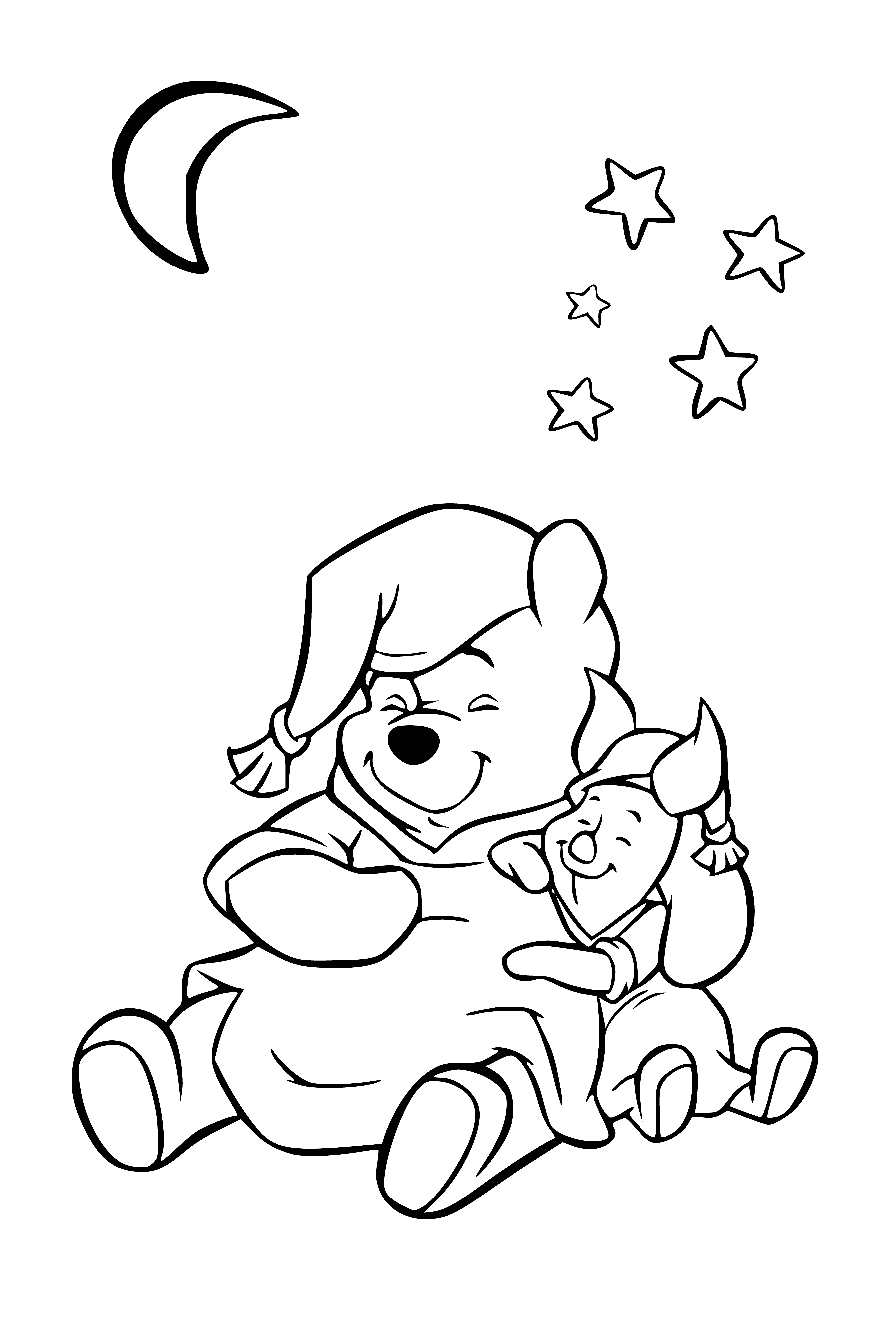 coloring page: Two characters in coloring page - Winnie the Pooh - holding honey and spoon, smiling; Piggy looking worried.