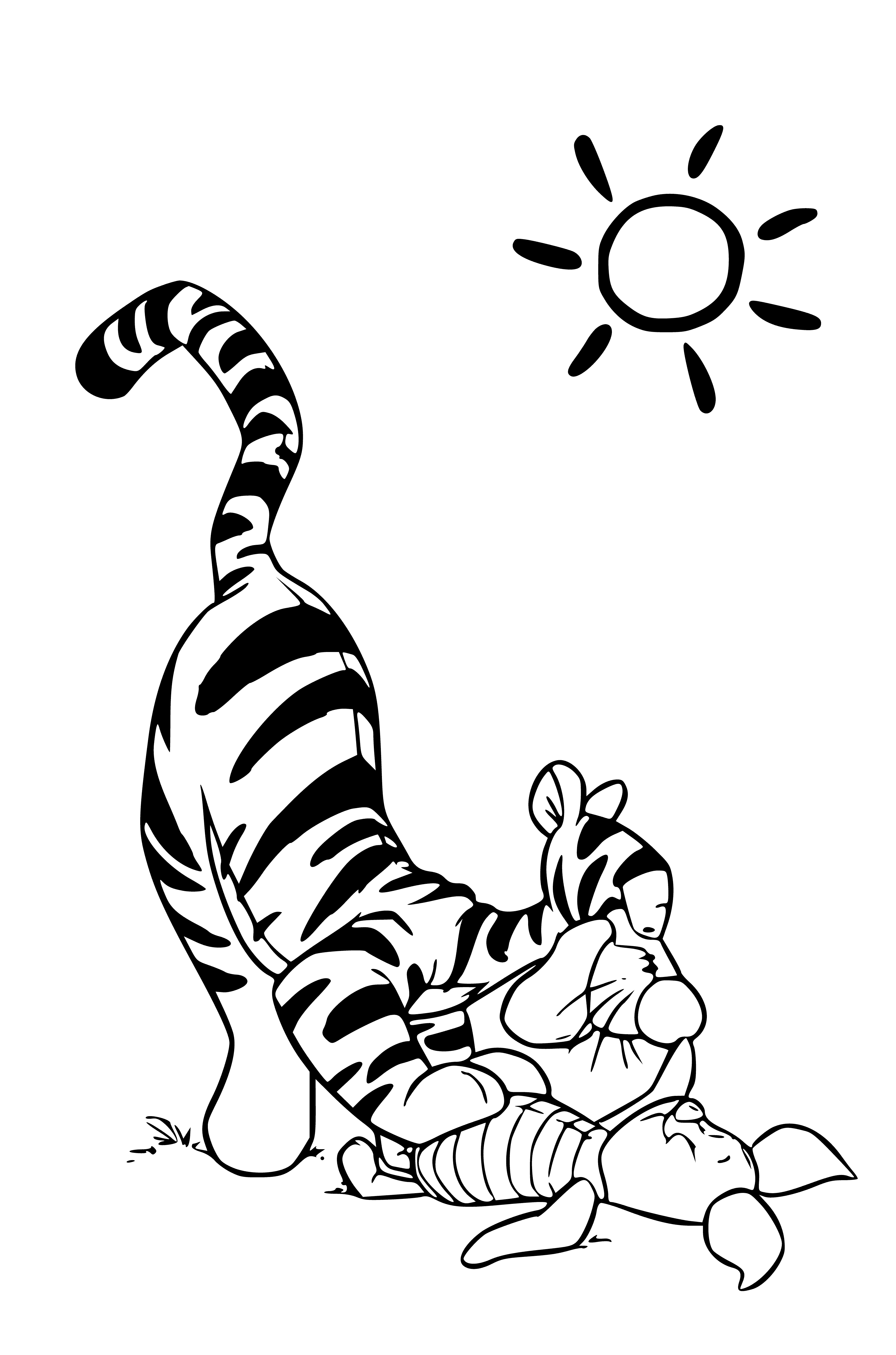 coloring page: Tigger happily confronts Piggy, who looks timidly back. Piggy isn't keen on the close attention.