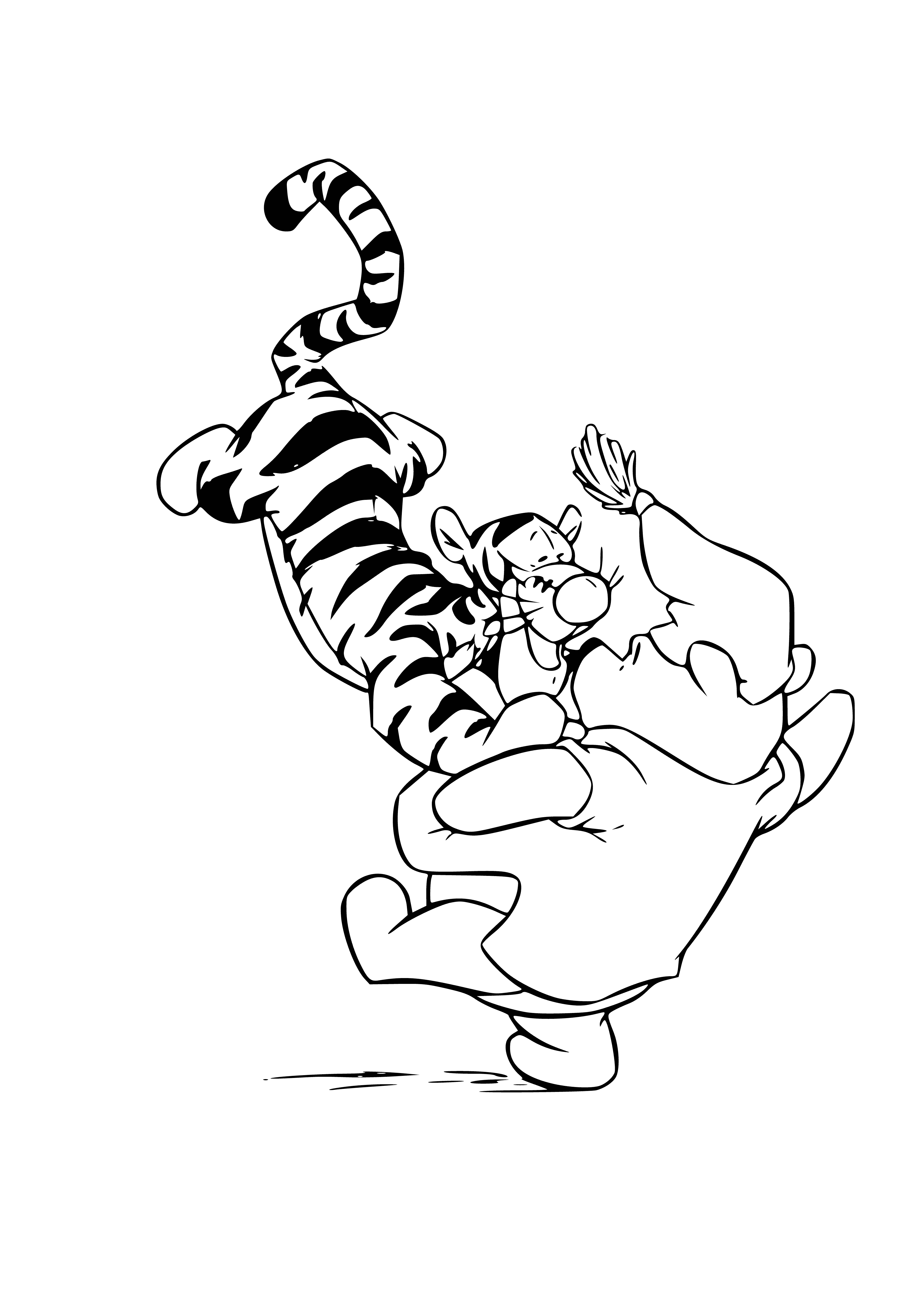 coloring page: Winnie & Tigger share a hug of laughter, Pooh wearing a big smile & Tigger with arms in the air.