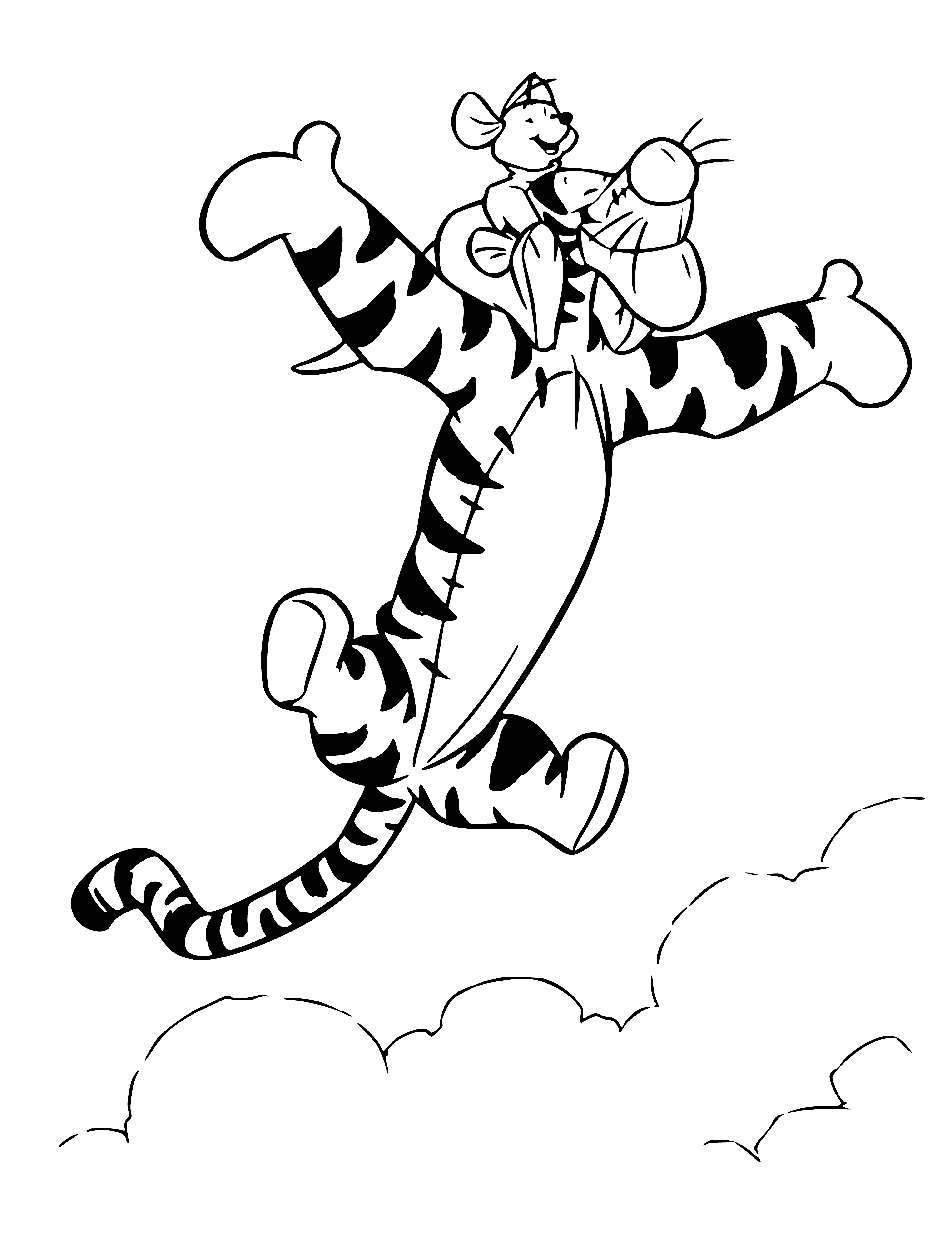 coloring page: Winnie & Tigger sit on a log together, smiling. Trees & flowers surround them, creating a peaceful scene. #Disney #Pooh #Tigger