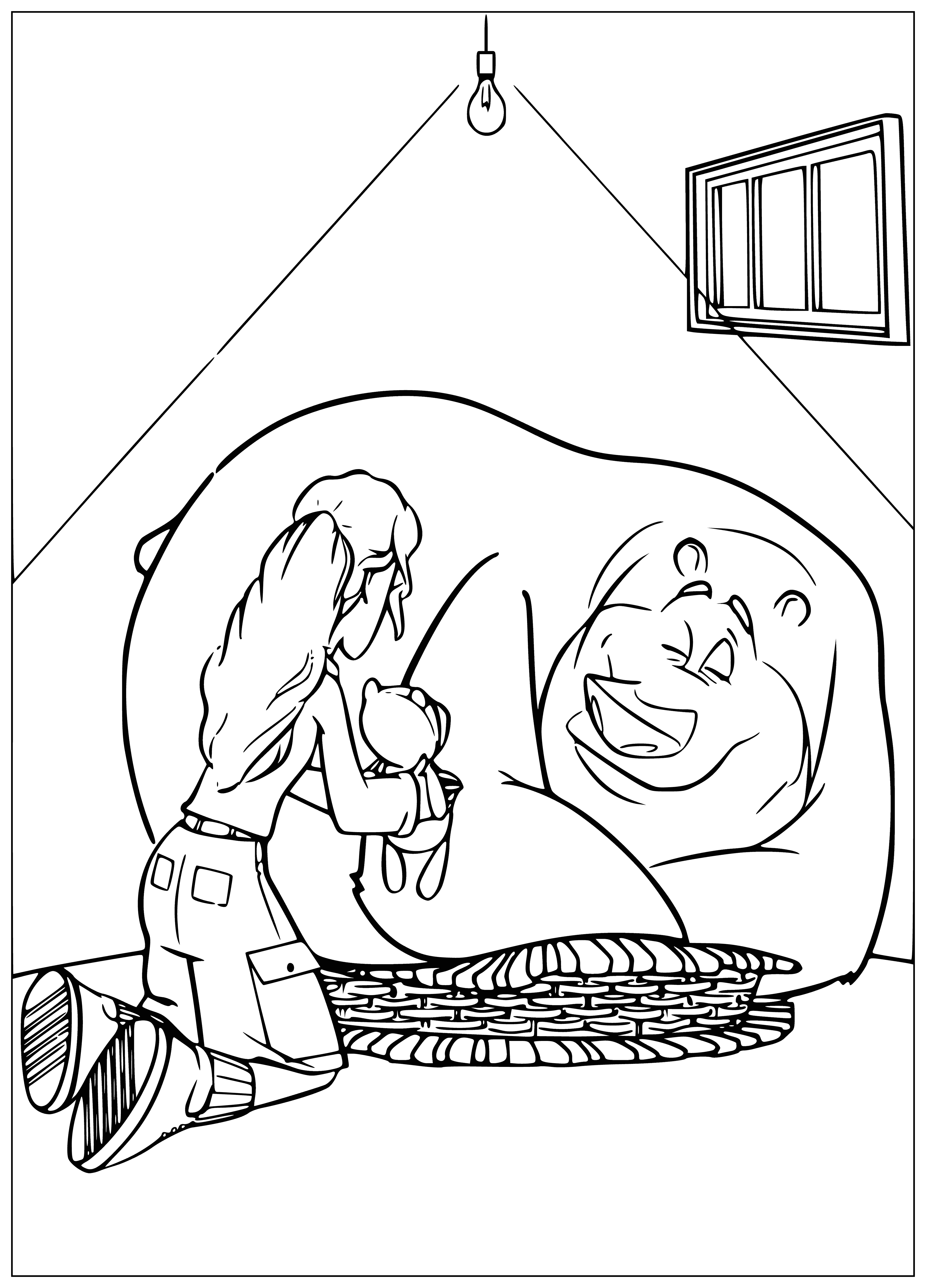 coloring page: Boog is happily holding a scared small bear in a forest, trees and bushes all around them.