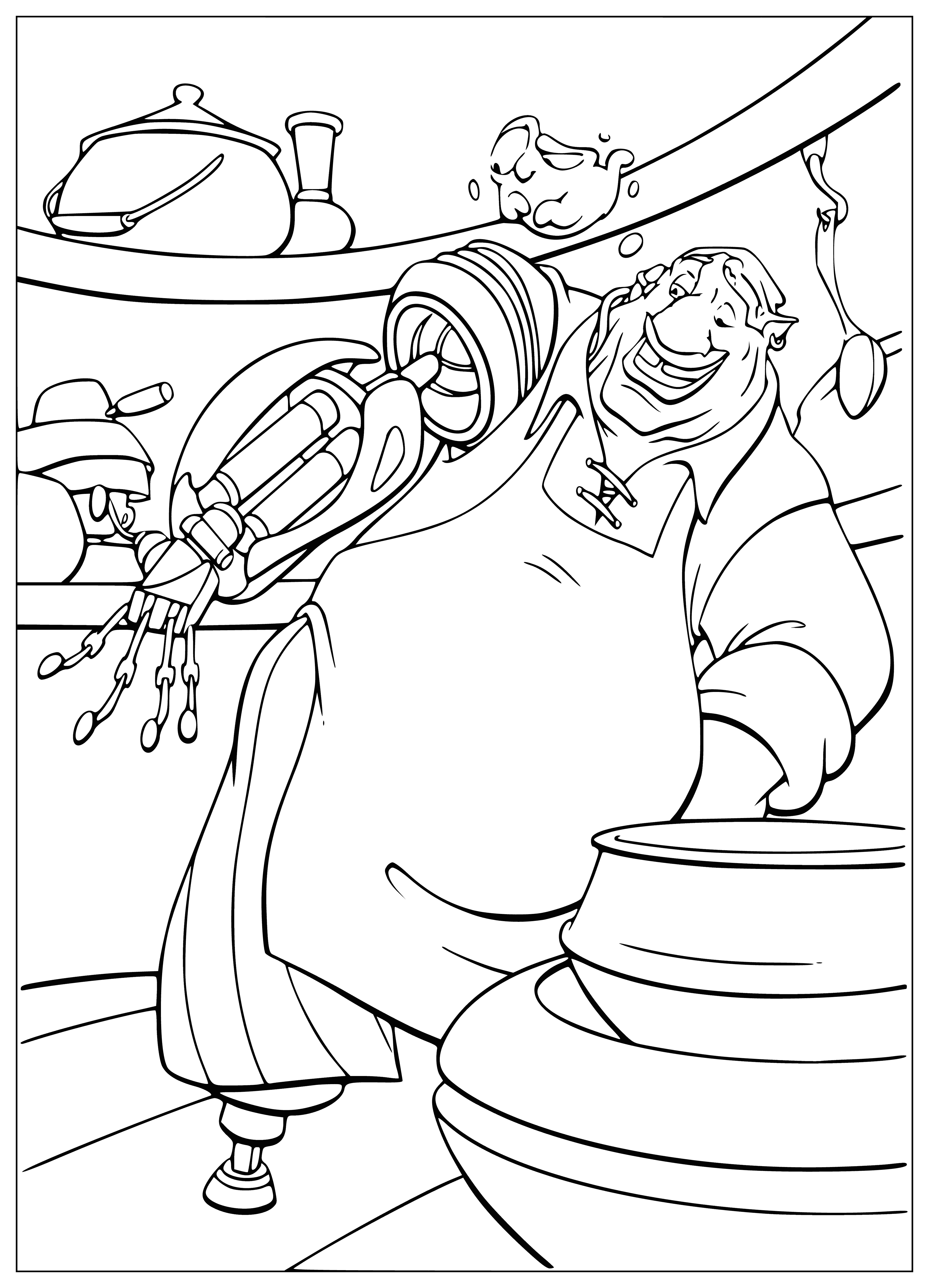 coloring page: A metal cyborg hunches over a computer, eyes glowing red and claws tapping on the keyboard.