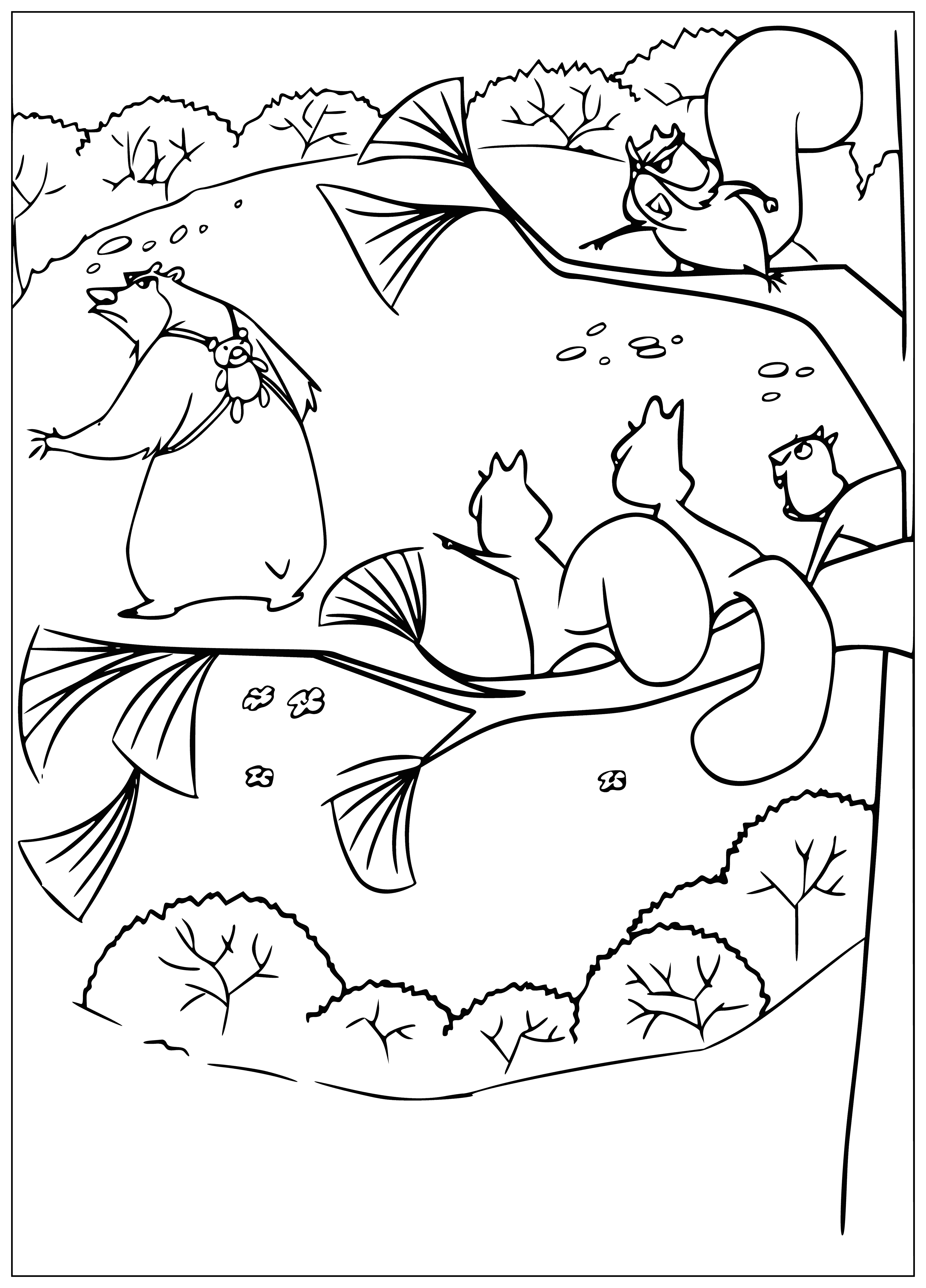 coloring page: Squirrel holds a nut while a bear stands on hind legs, tongue out, in front.