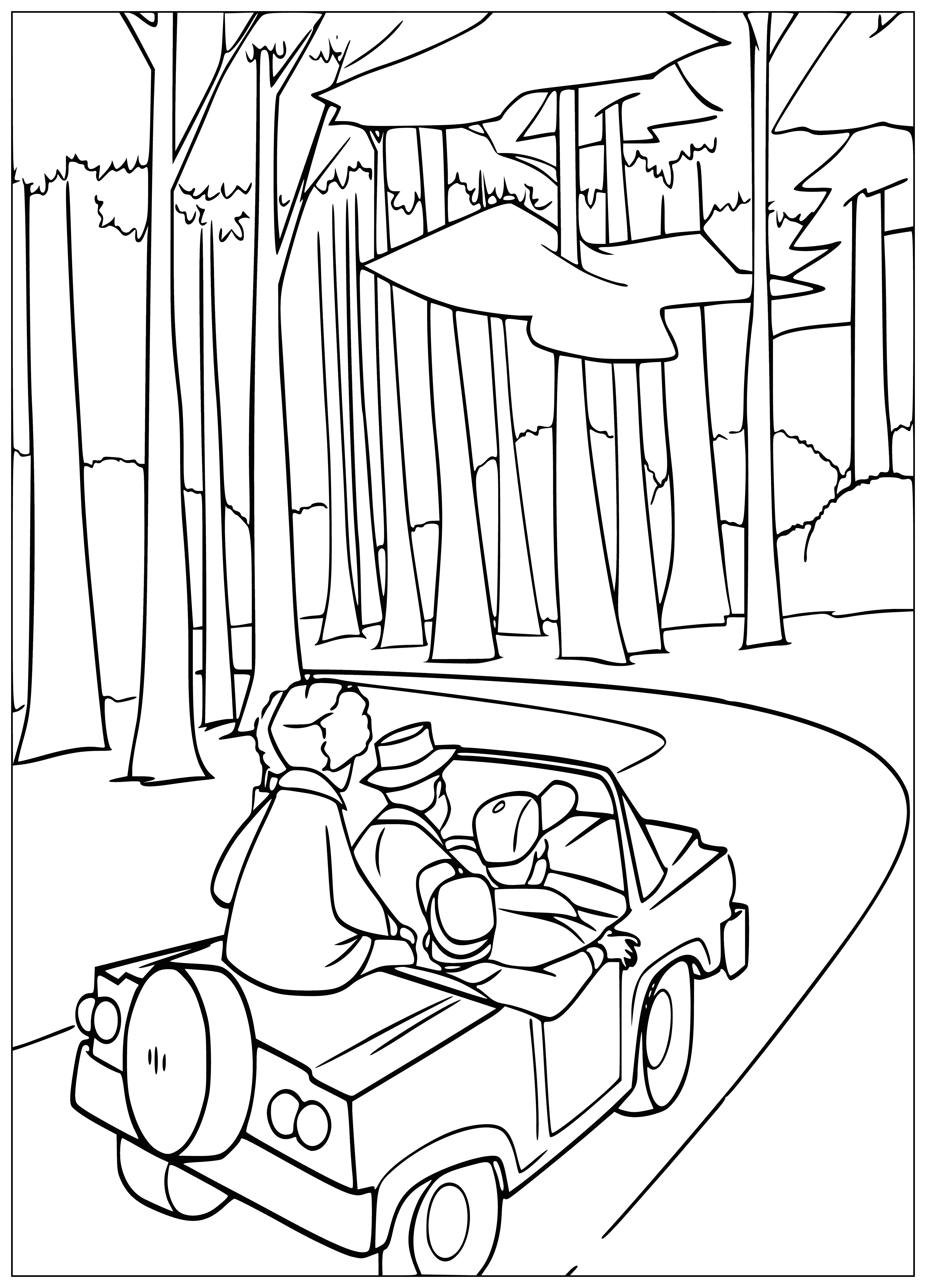 coloring page: A forest in the mountains w/ evergreen trees, snow, a river, bridge, field w/fence, deer & a hunter w/rifle. #ColoringPage