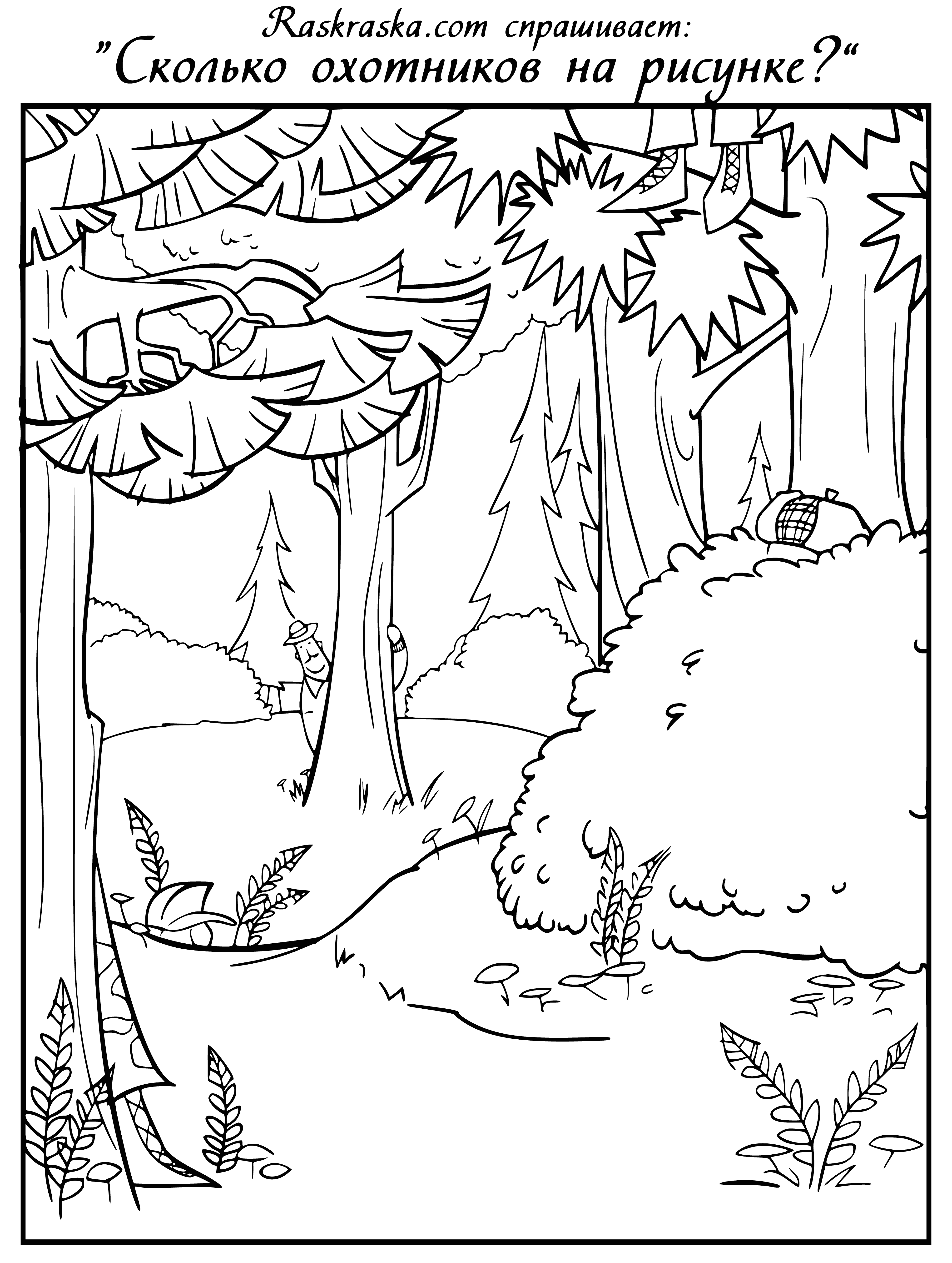 coloring page: Three hunters, a dog in camo, standing or sitting in a forest.