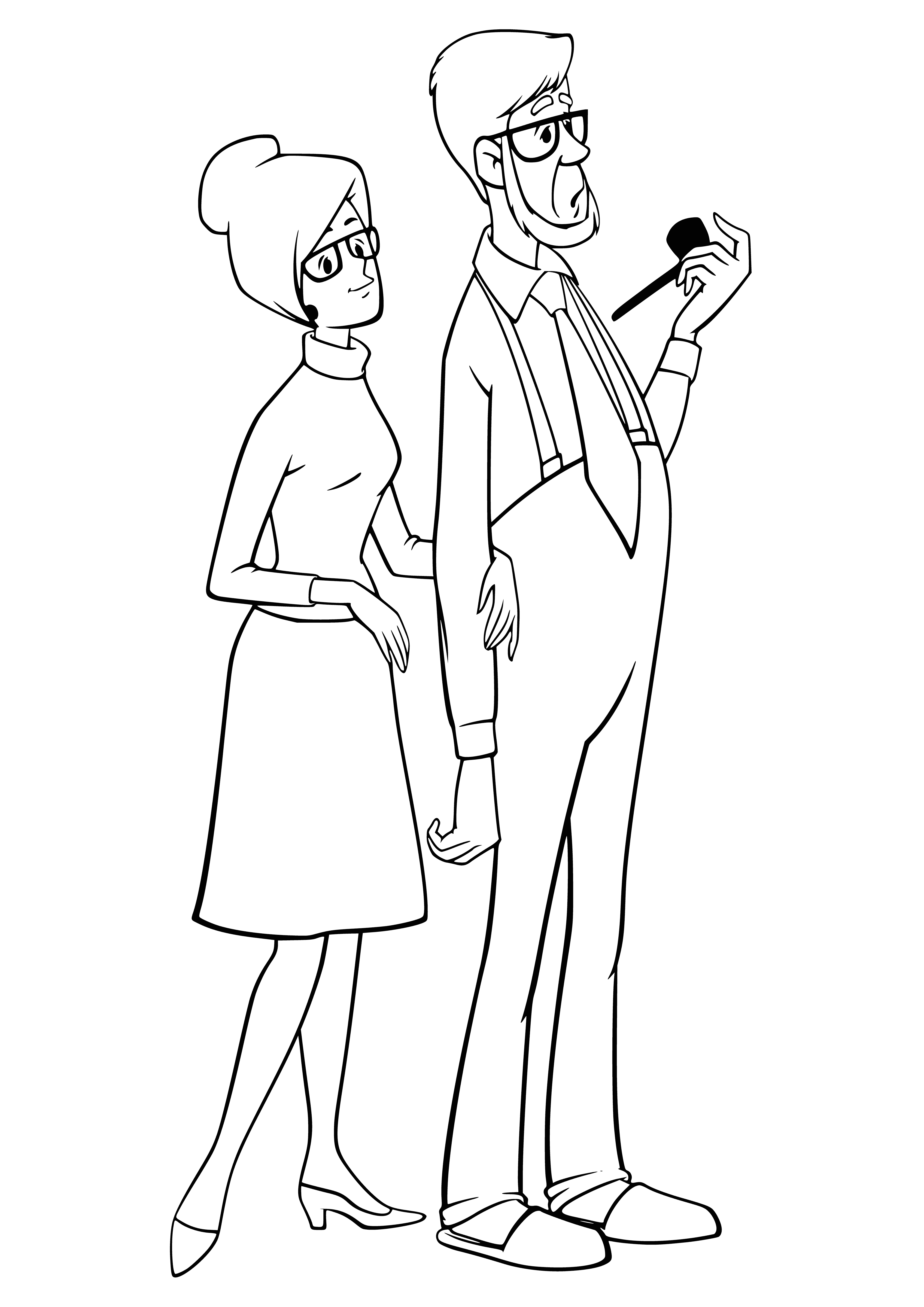 coloring page: Woman embraces baby and man, smiles on all faces.