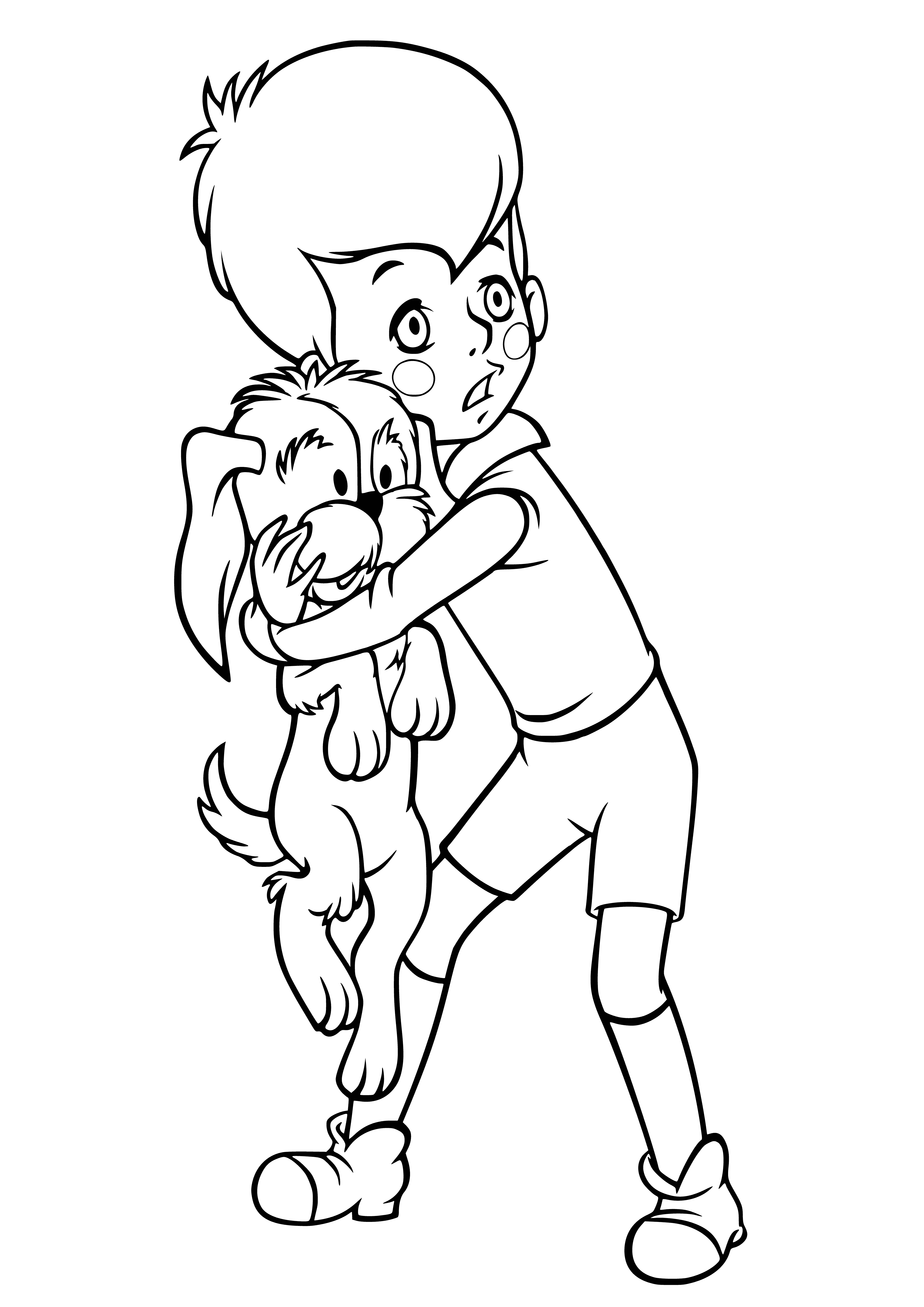 coloring page: Boy happily plays with puppy, who licks his face and smiles.