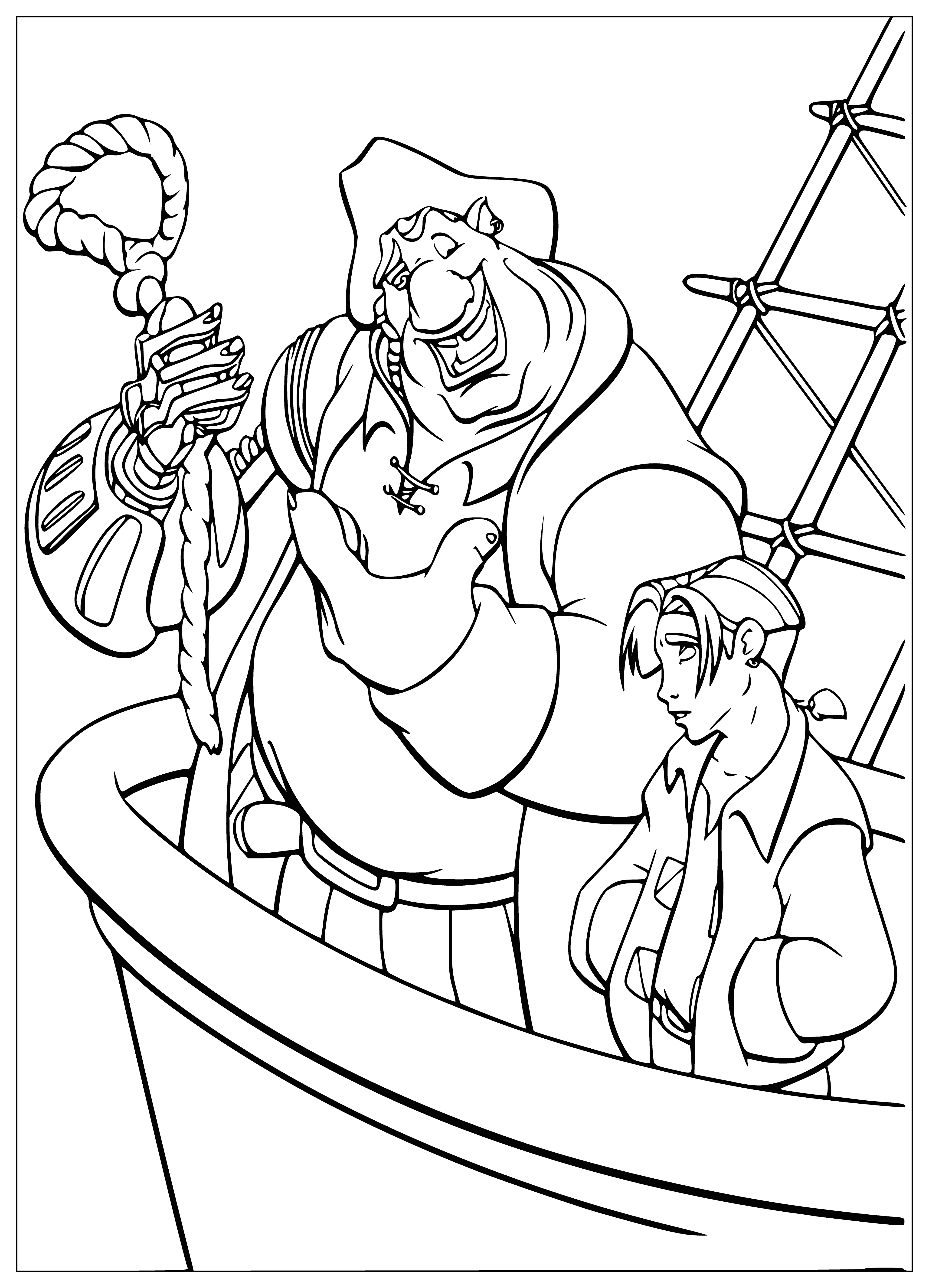coloring page: Jim looks excited as he stares at the piece of silver Silver gave him. She stands proudly with a wooden box in her hand.