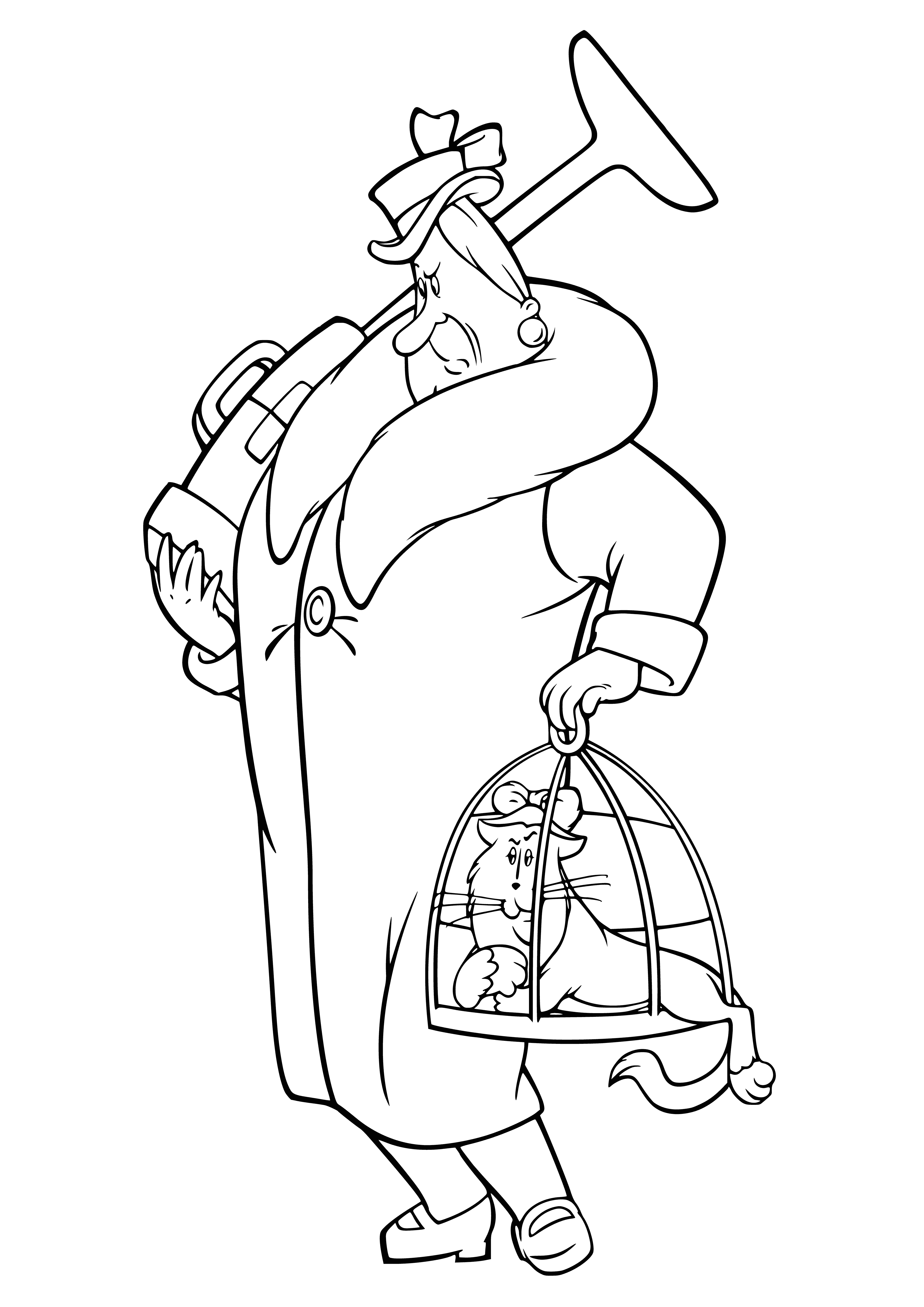 coloring page: Kid and Freken Bock in room full of plants, window letting in sun. Freken wearing dress and scarf. Kid seated with arms crossed.