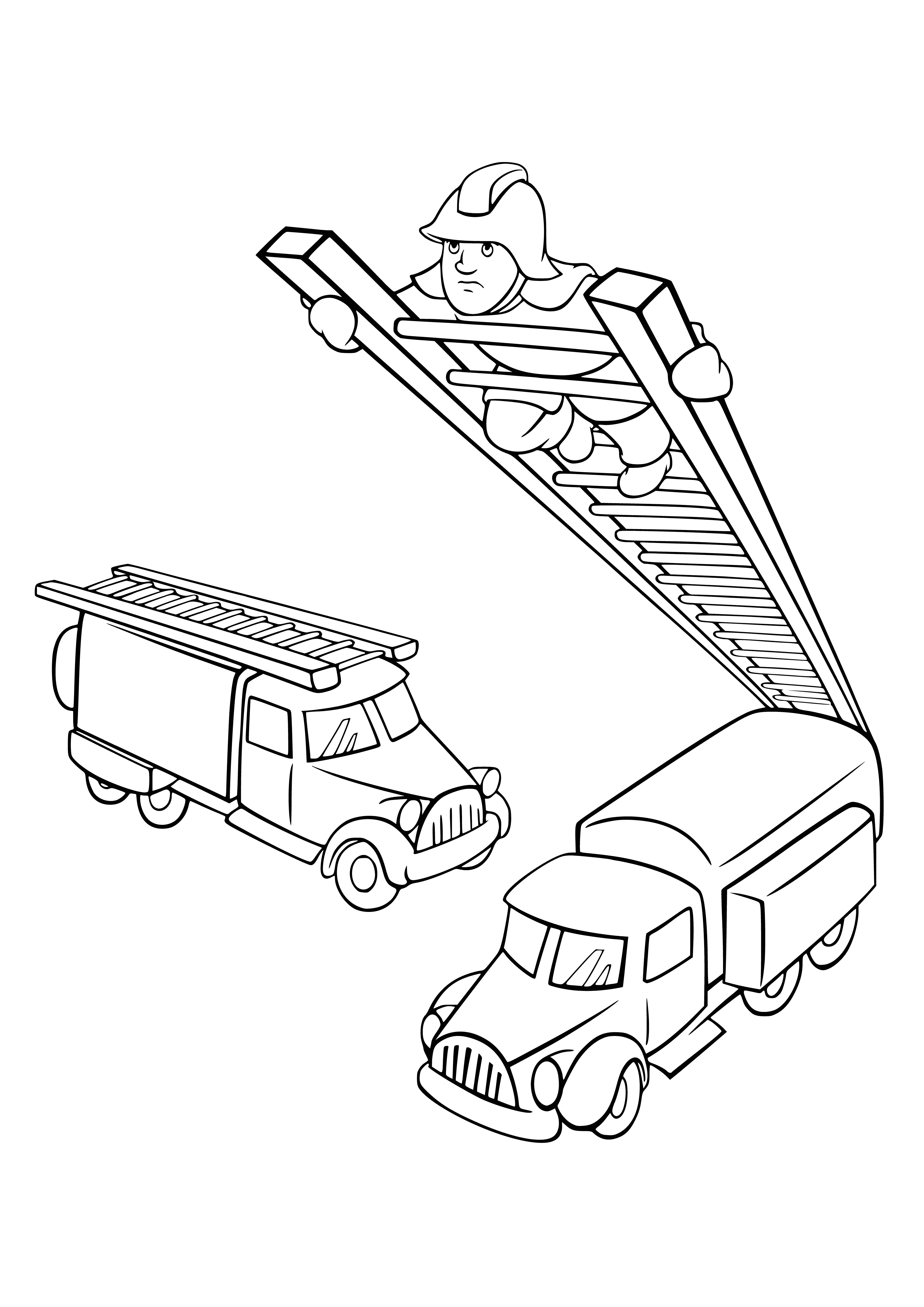 coloring page: Boy sits in driver's seat of fire engine in driveway; Dalmatian sits next to it; 6 red doors open, engine idling.