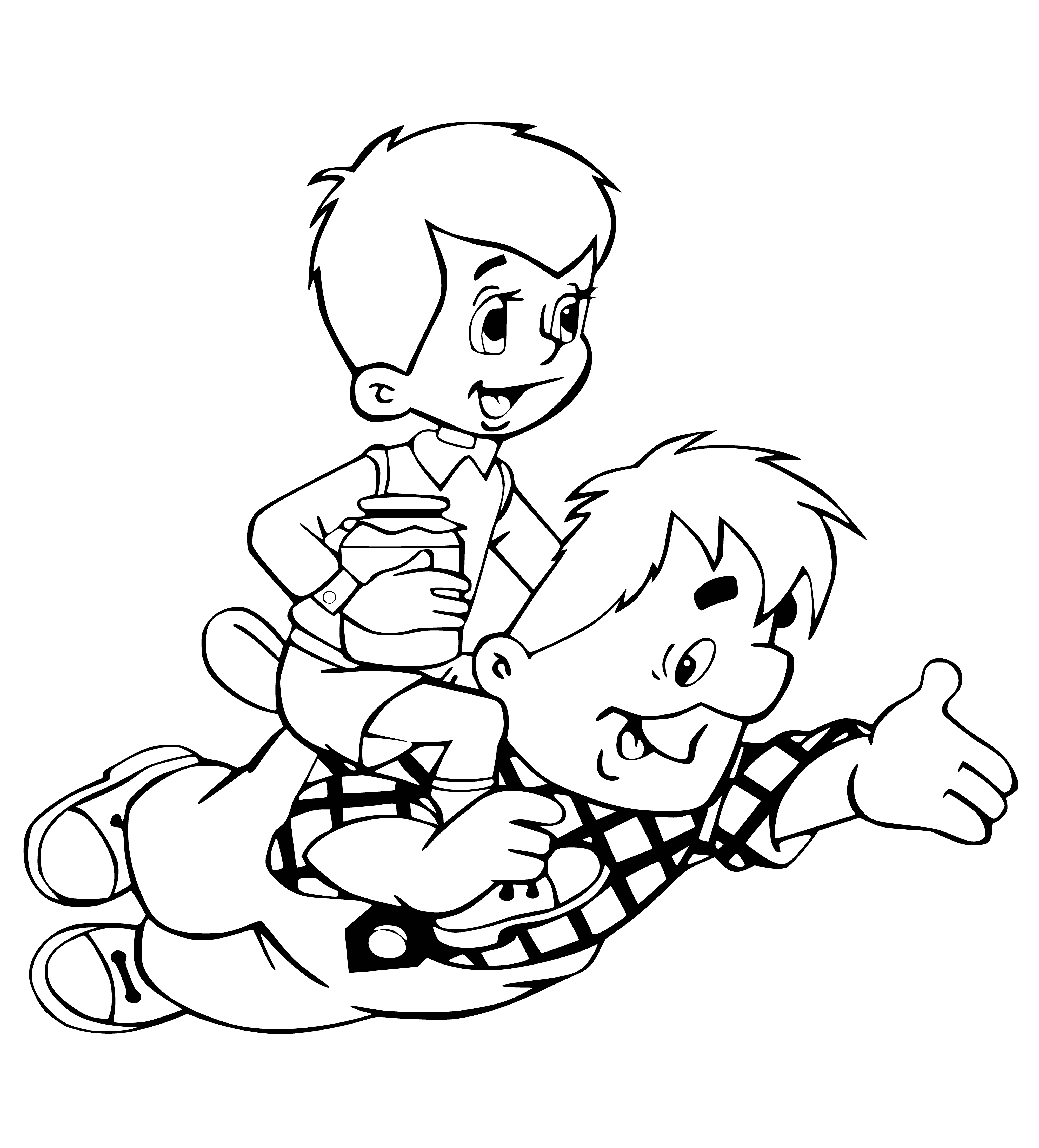 coloring page: Big kid & small man weightlifting, kid in blue, man in brown& suspenders. Small table w/plate of food to right. #coloringpage