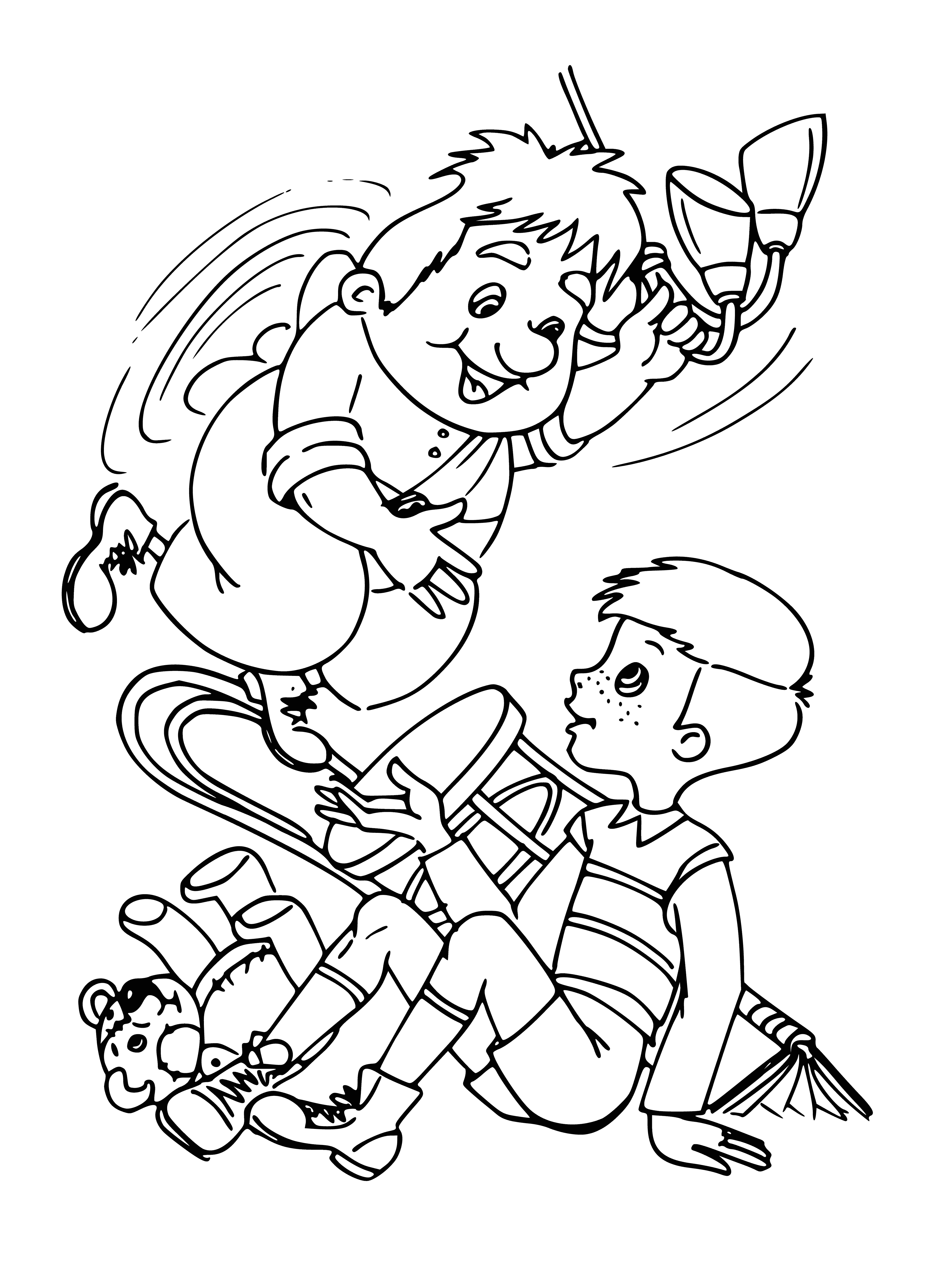 coloring page: Two grown men discuss an issue intently - Carlson & Kid, despite size difference, appear to be negotiating as equals.
