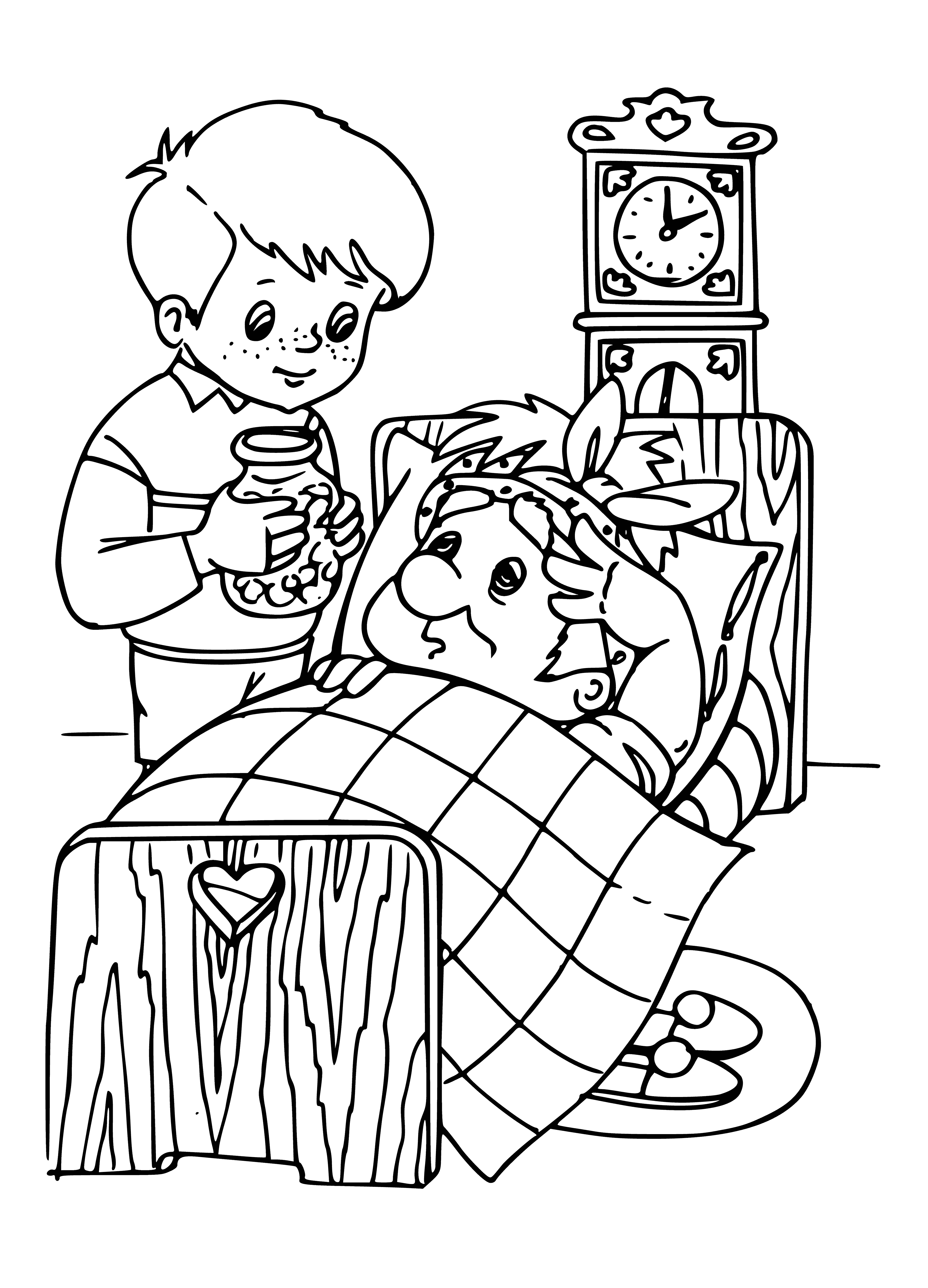 coloring page: Kid & Carlson sitting on a bench; Kid holding cup & thermometer; Carlson has head in his hands.
