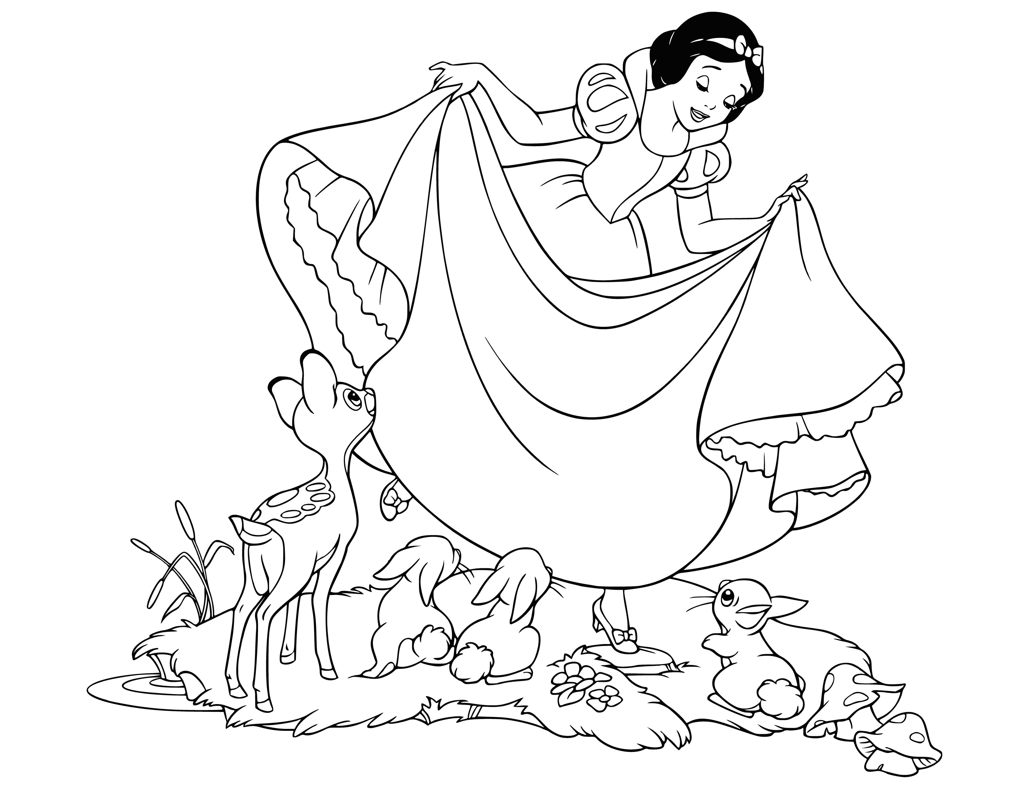 coloring page: Surrounded by woodland creatures, Snow White enjoys a magical atmosphere in this delightful scene inspired by Disney's first Princess film. Admiring her are a deer, rabbit, owl, squirrel, bird, and chipmunk.