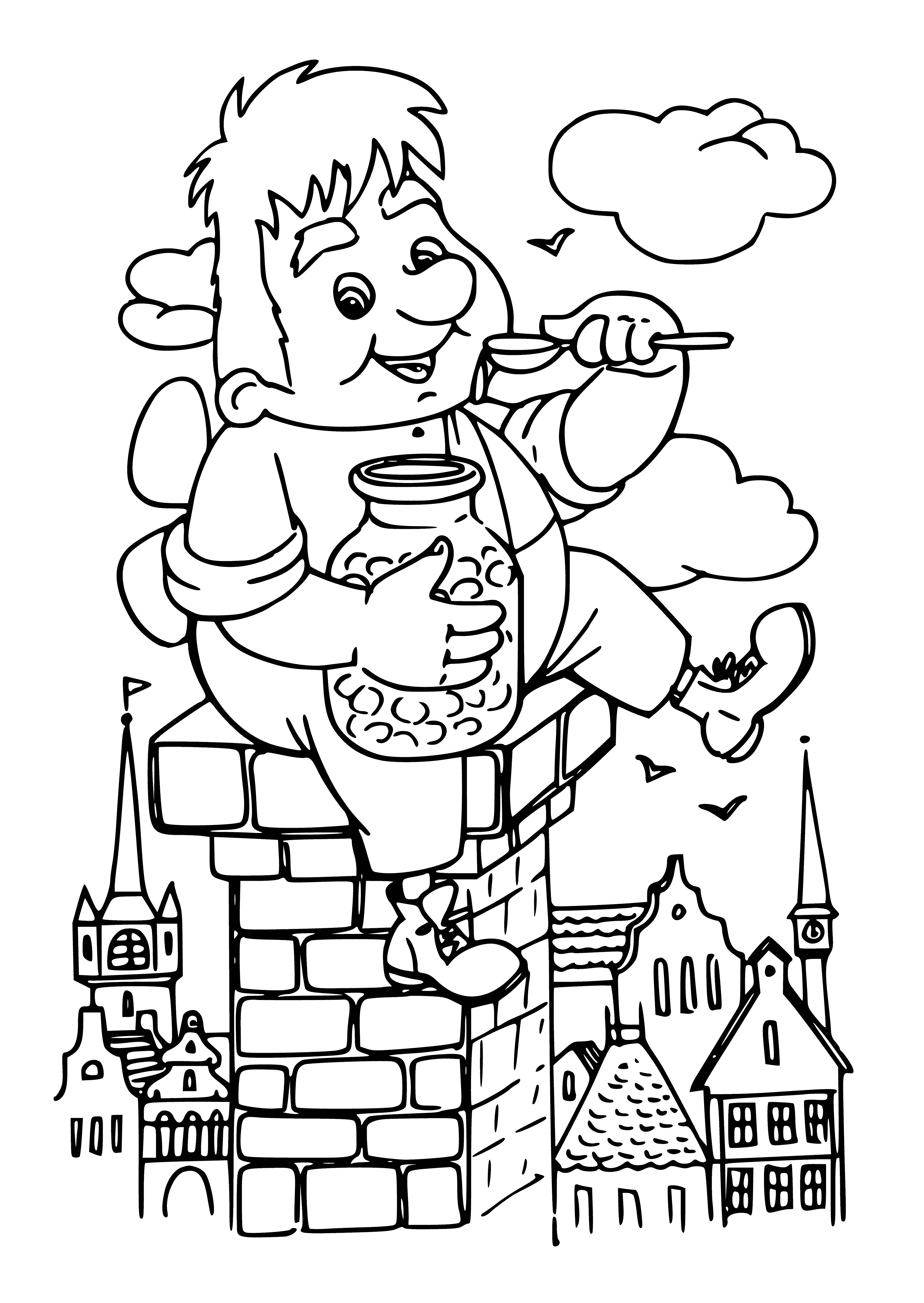 coloring page: Two people on a roof-top; adult looking down at a child who looks up. #ColoringPage