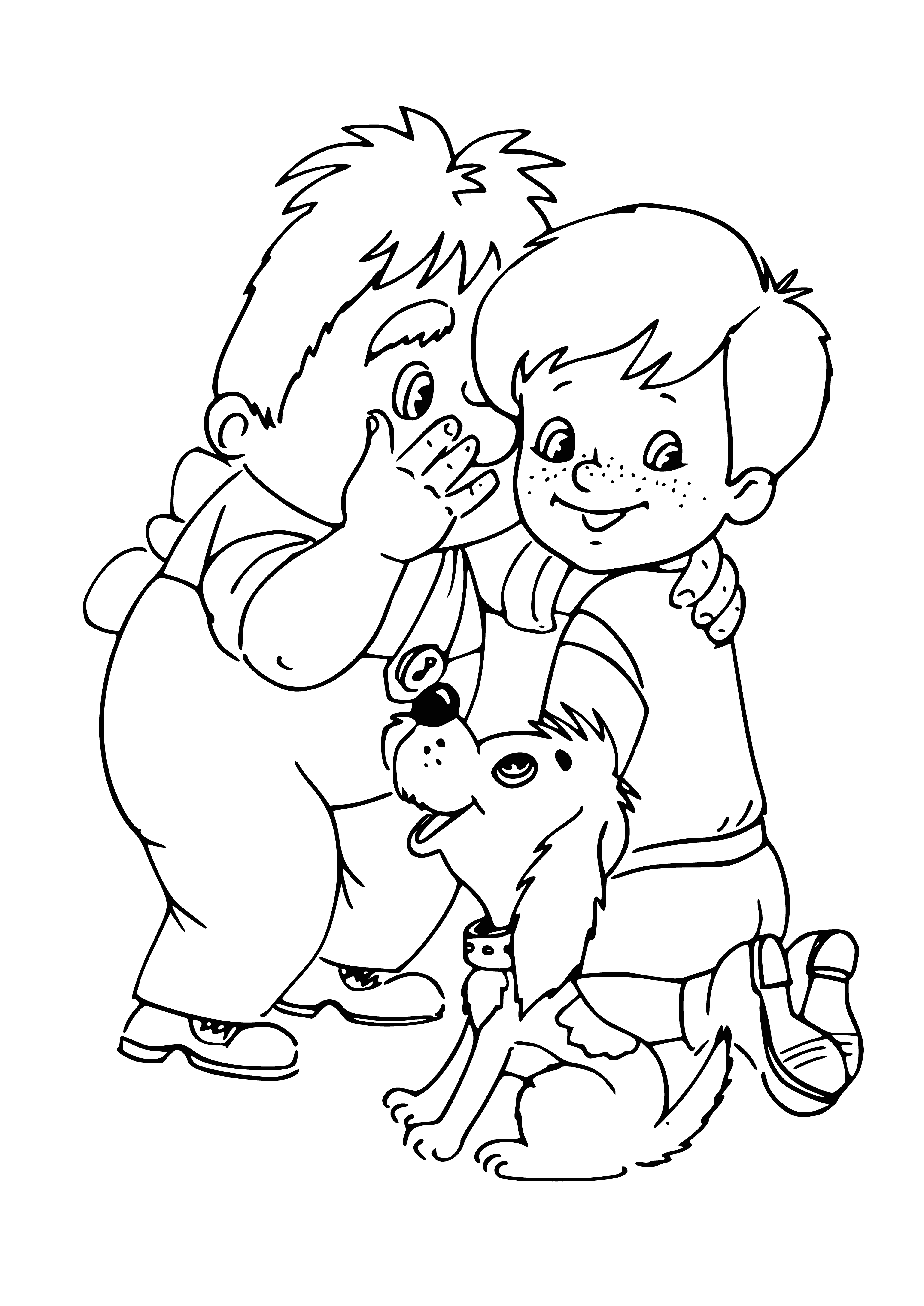 coloring page: Two friends hug in front of a brick wall: a young boy wearing a cartoon T-shirt & blue jeans and a man in a yellow T-shirt & khaki pants, both smiling with missing teeth.