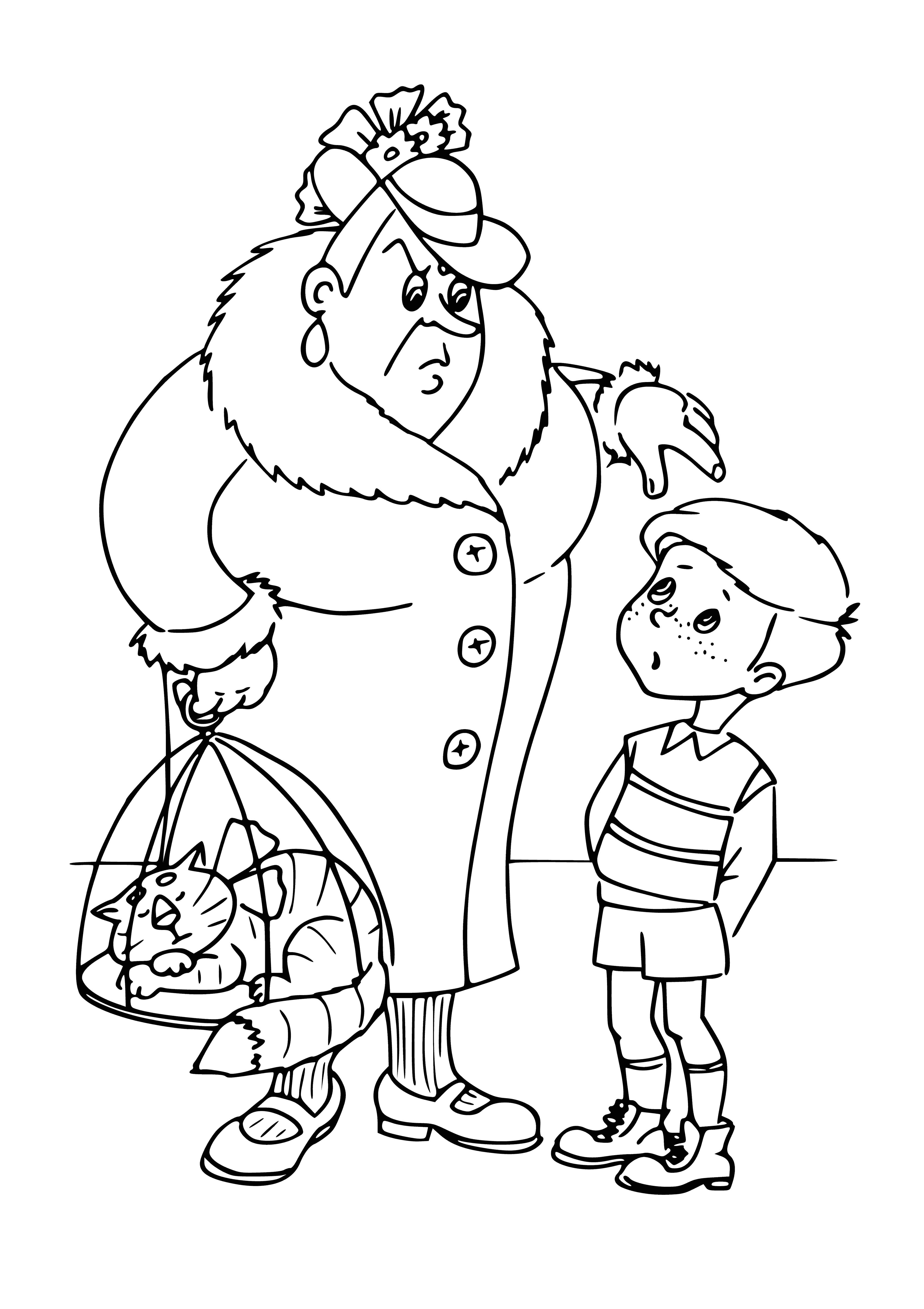 coloring page: Orange creature hugs a smaller, blue one. Both are smiling with large teeth. #friendship