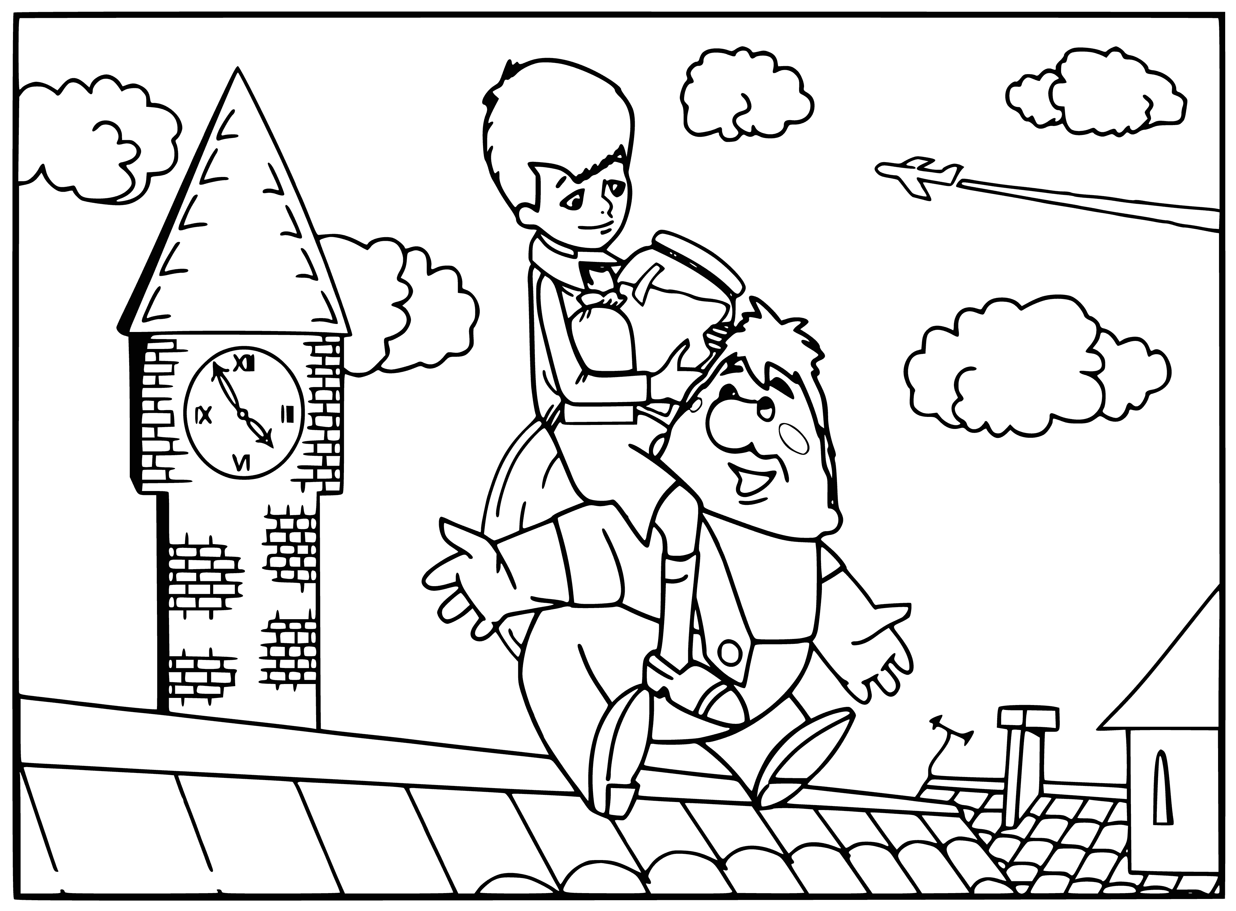 coloring page: Kid and Carlson stand on sidewalk gazing at cityscape, cloudy sky. Kid holds ice cream cone.