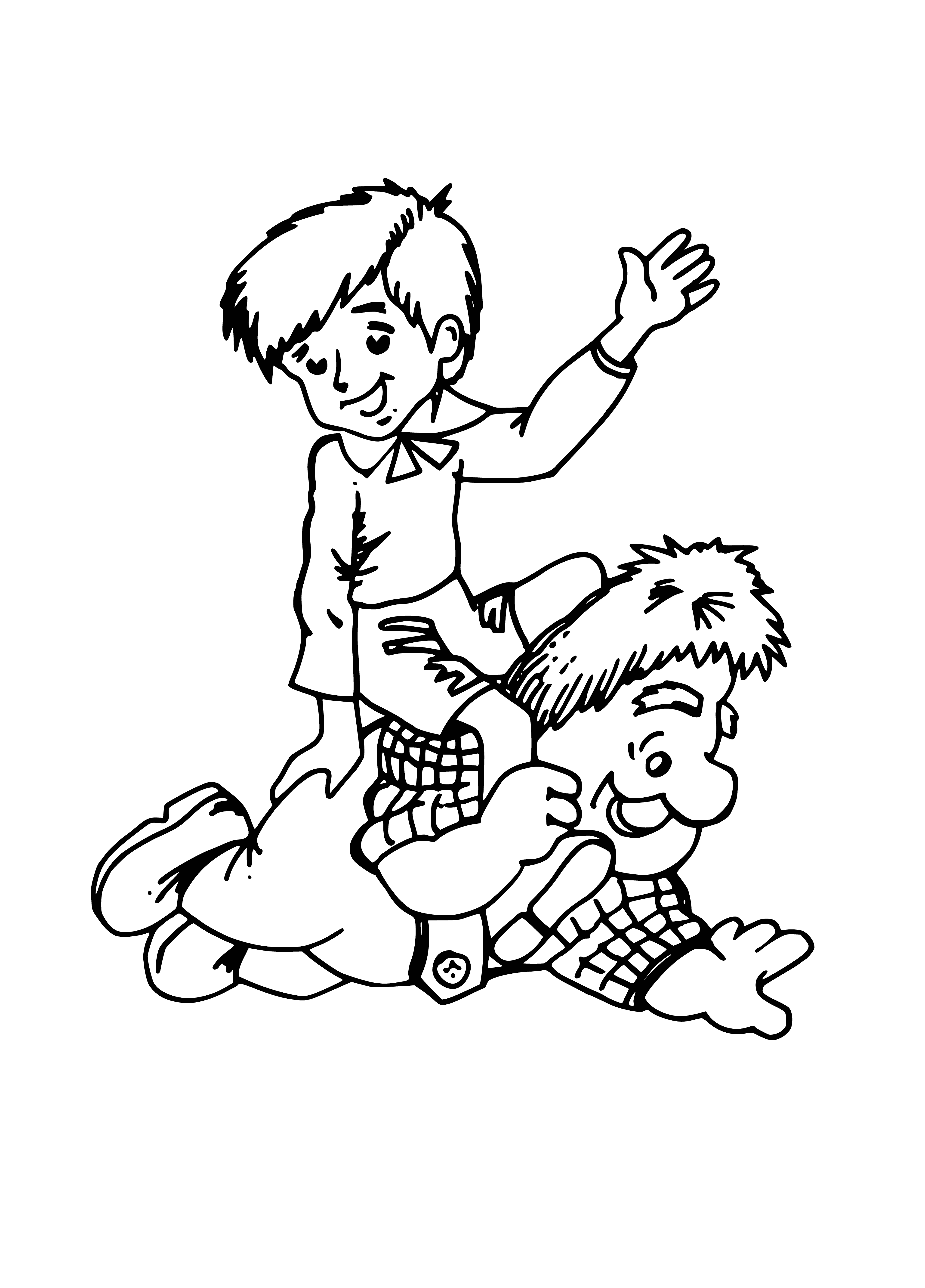 coloring page: 2 people in coloring page: child & adult in front of building, looking at each other.