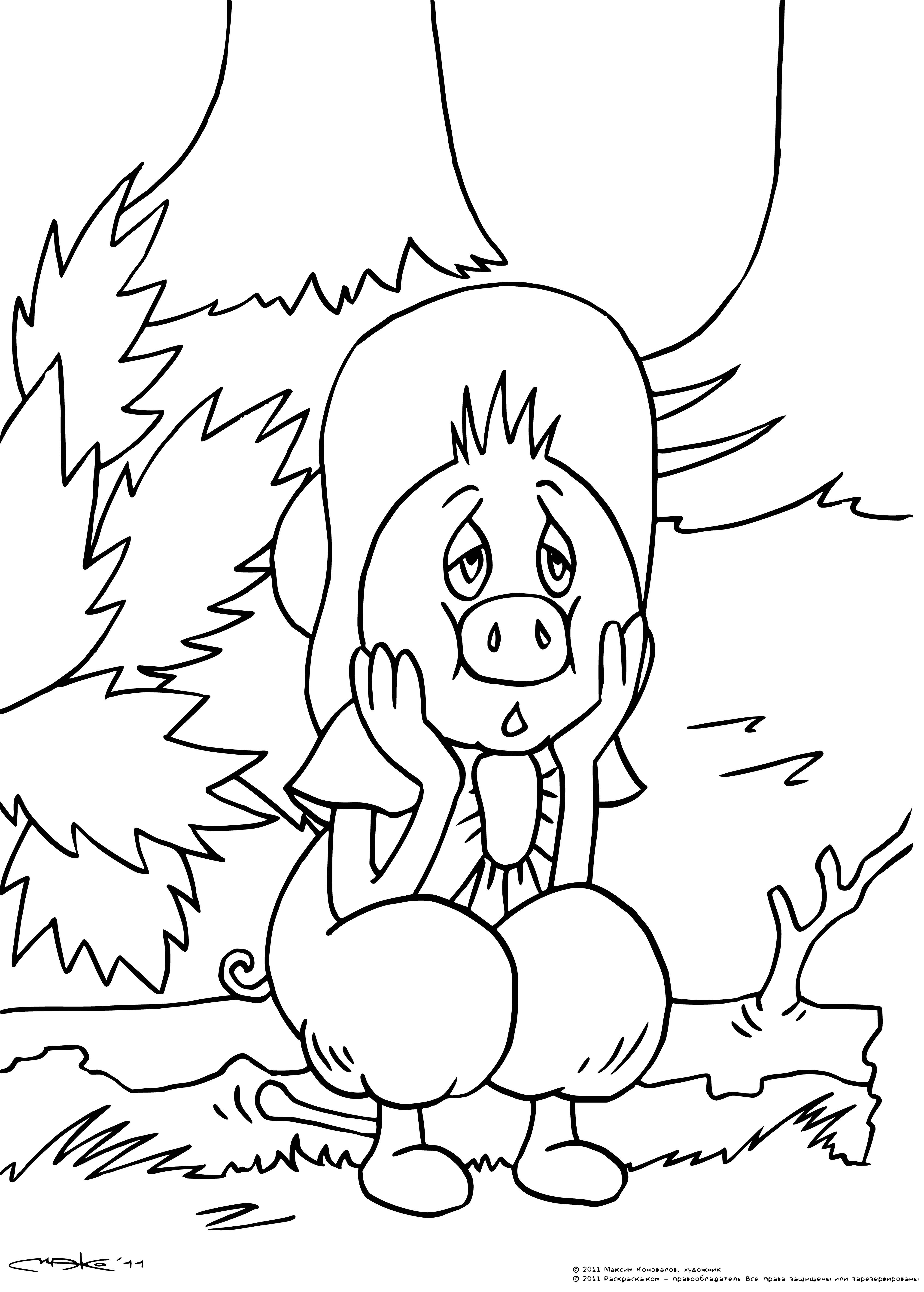 coloring page: Funtik is a pig exploring a cave, holding a torch and a rock, having lots of fun! #theadventuresoffuntik