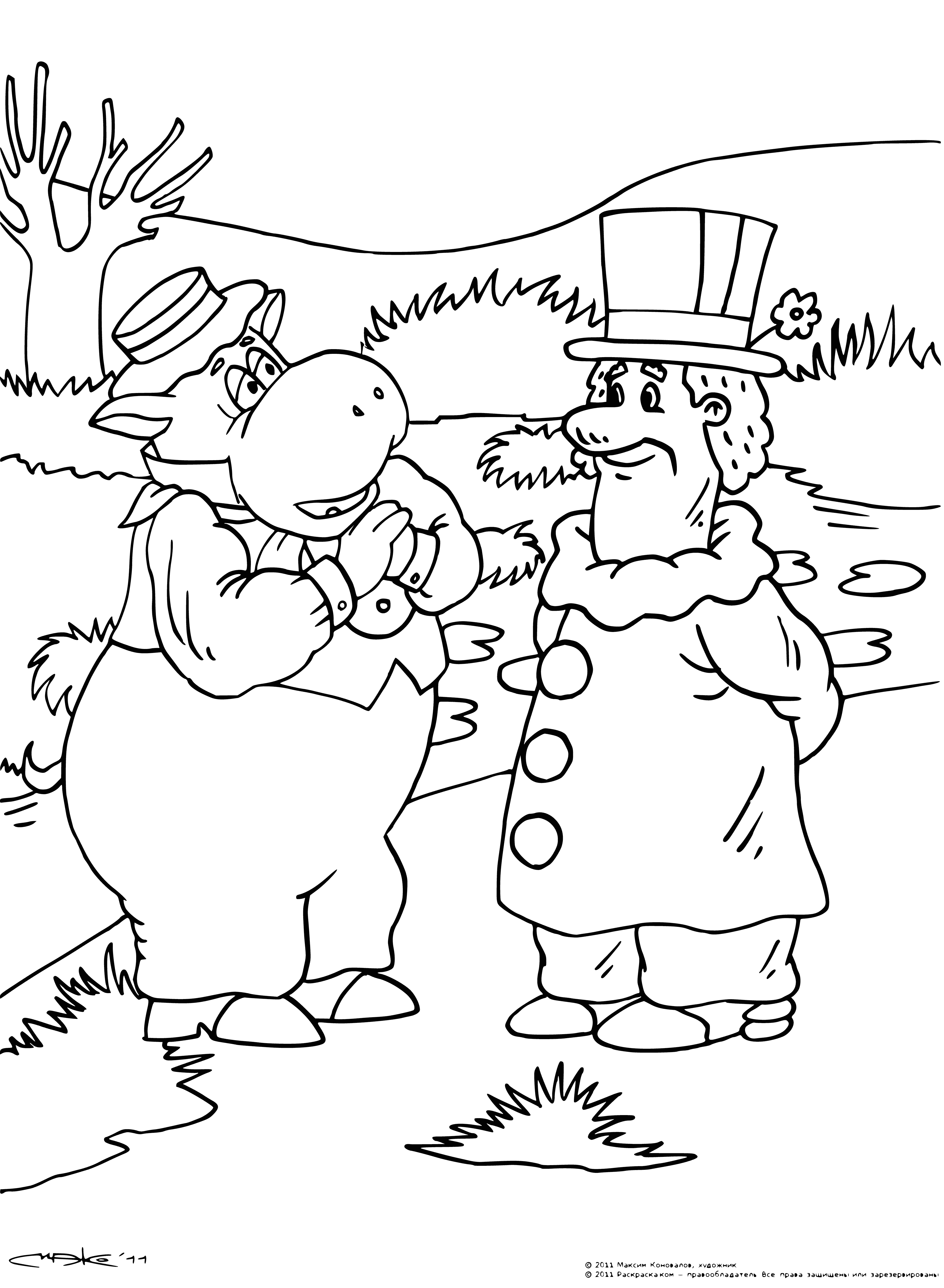 coloring page: Funtik, Hippo and Mocus laugh, play, and explore a watery adventure!
