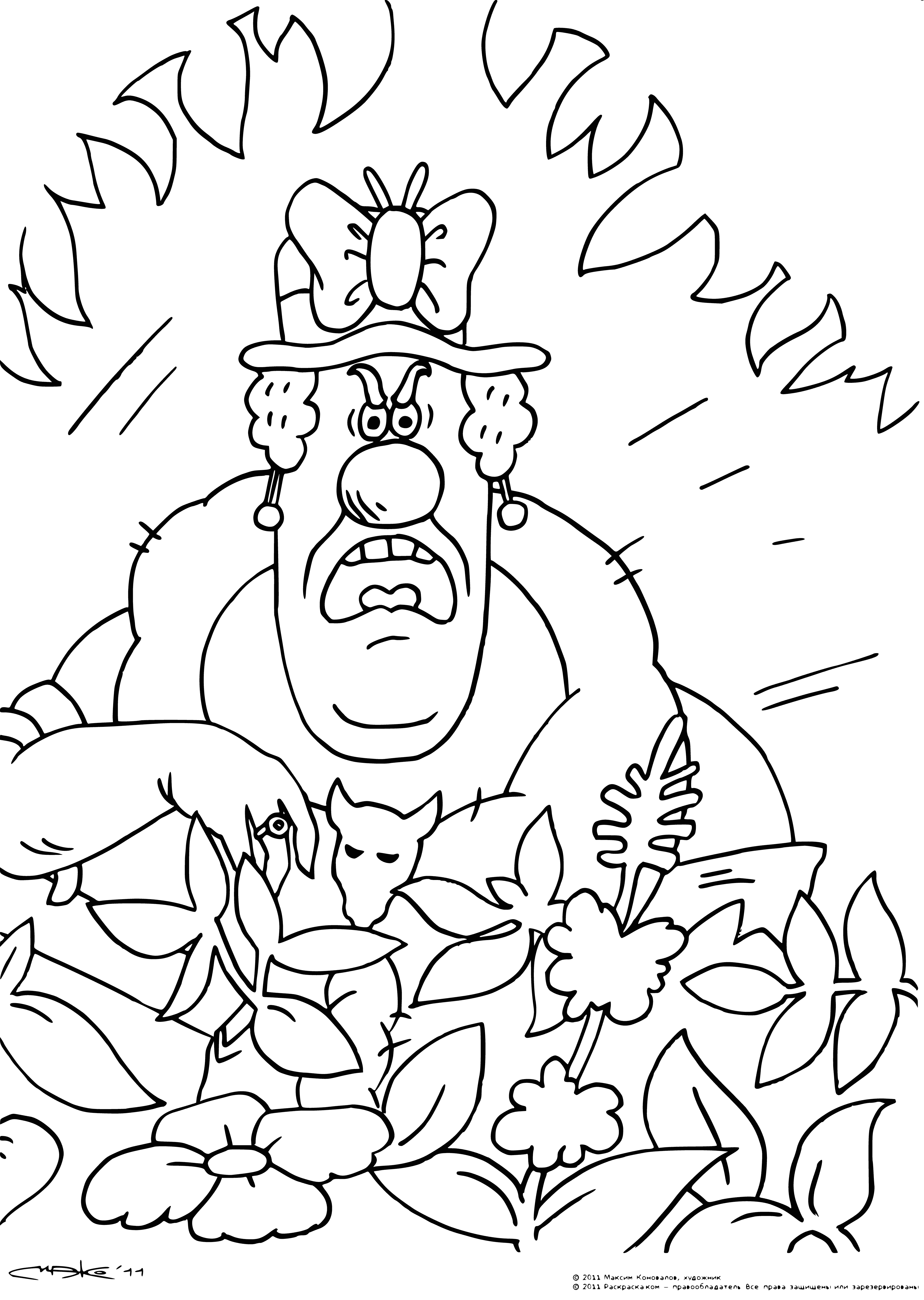 coloring page: Funtik the pig is hiding in the forest with a branch, ready to ambush any other animals that come by.