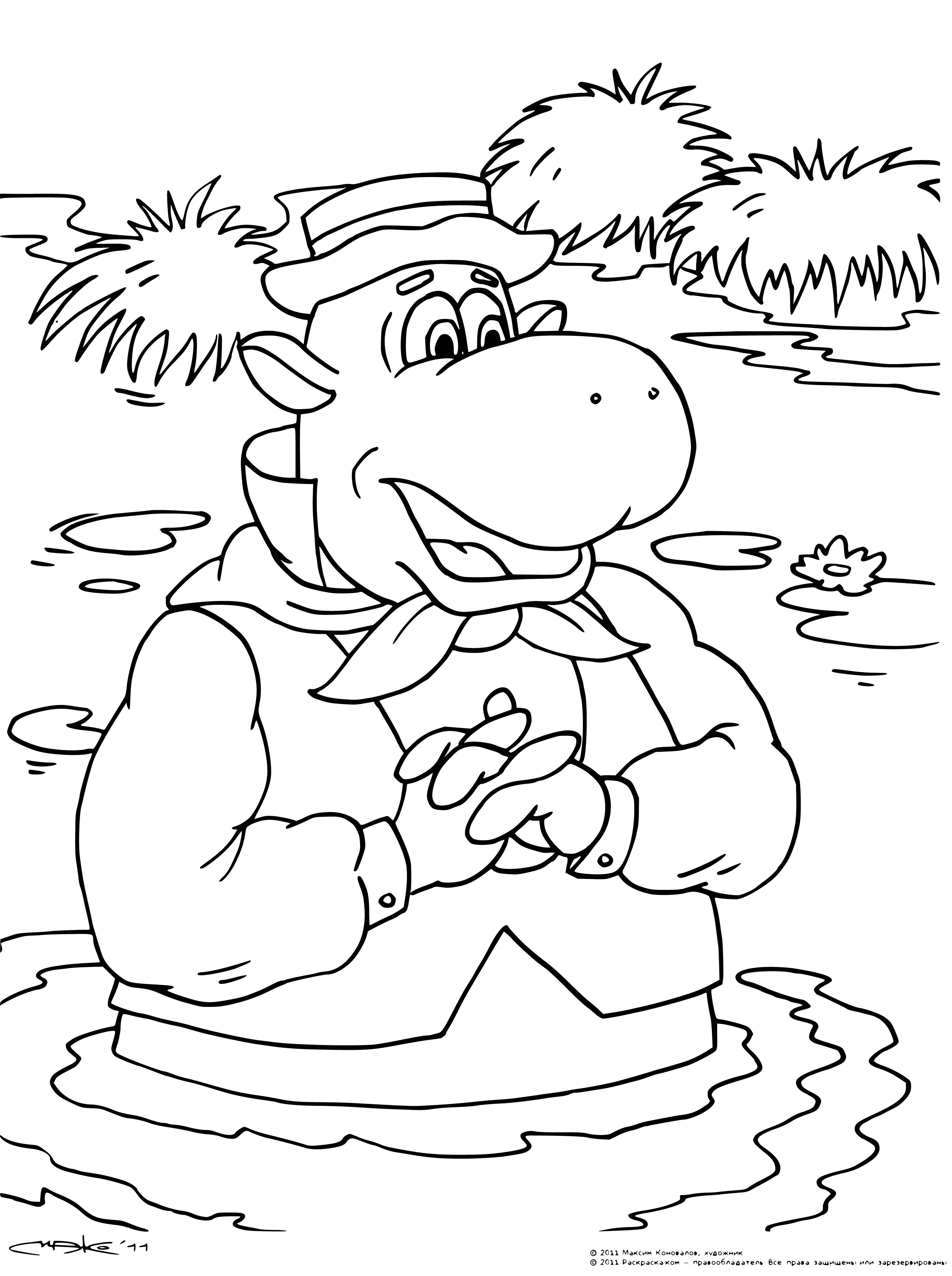 coloring page: Hippo stands in a river with big mouth/teeth, wrinkled skin, and short tail.