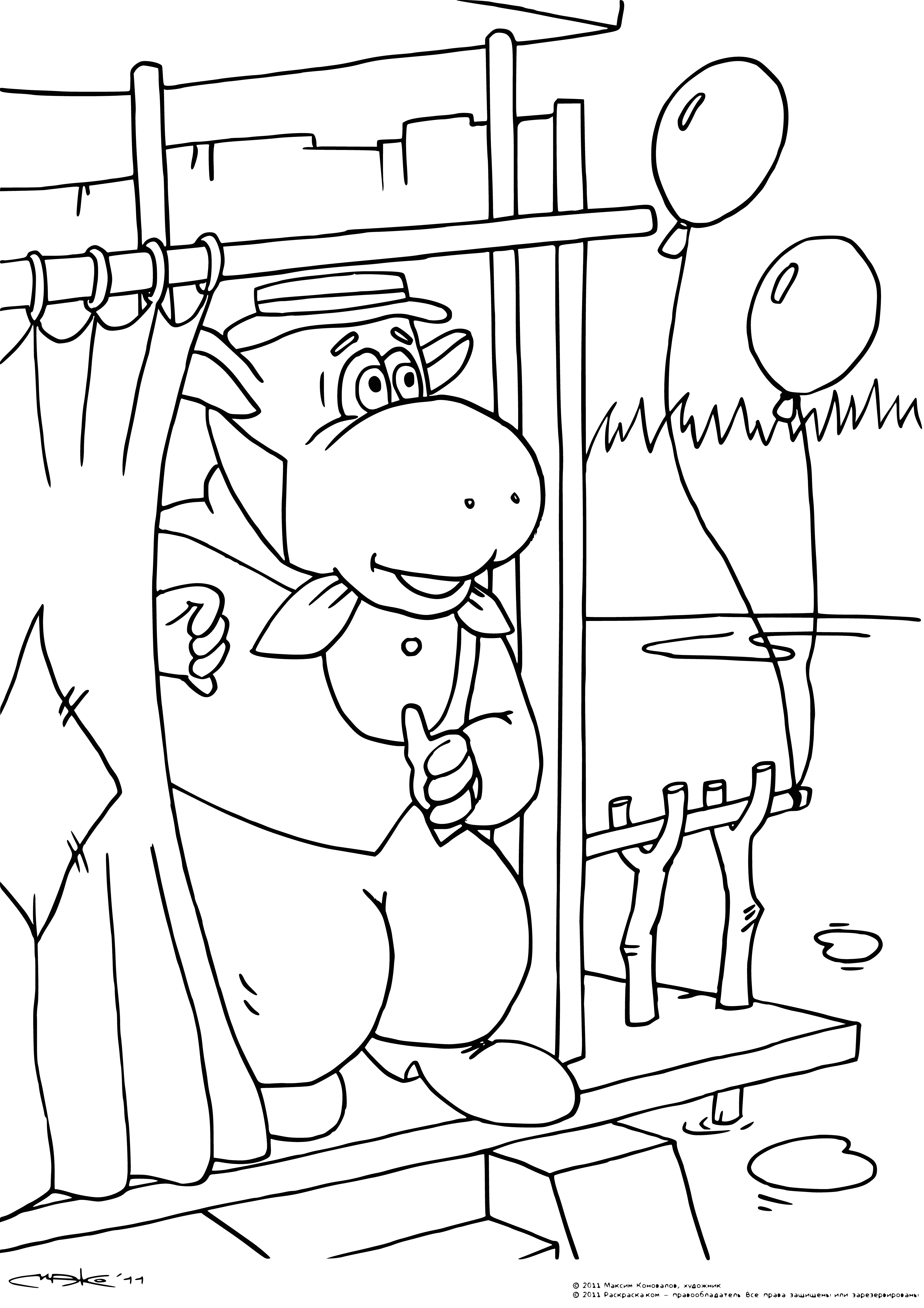 coloring page: Hippo holds yellow ball in mouth, other two balls blue & green.