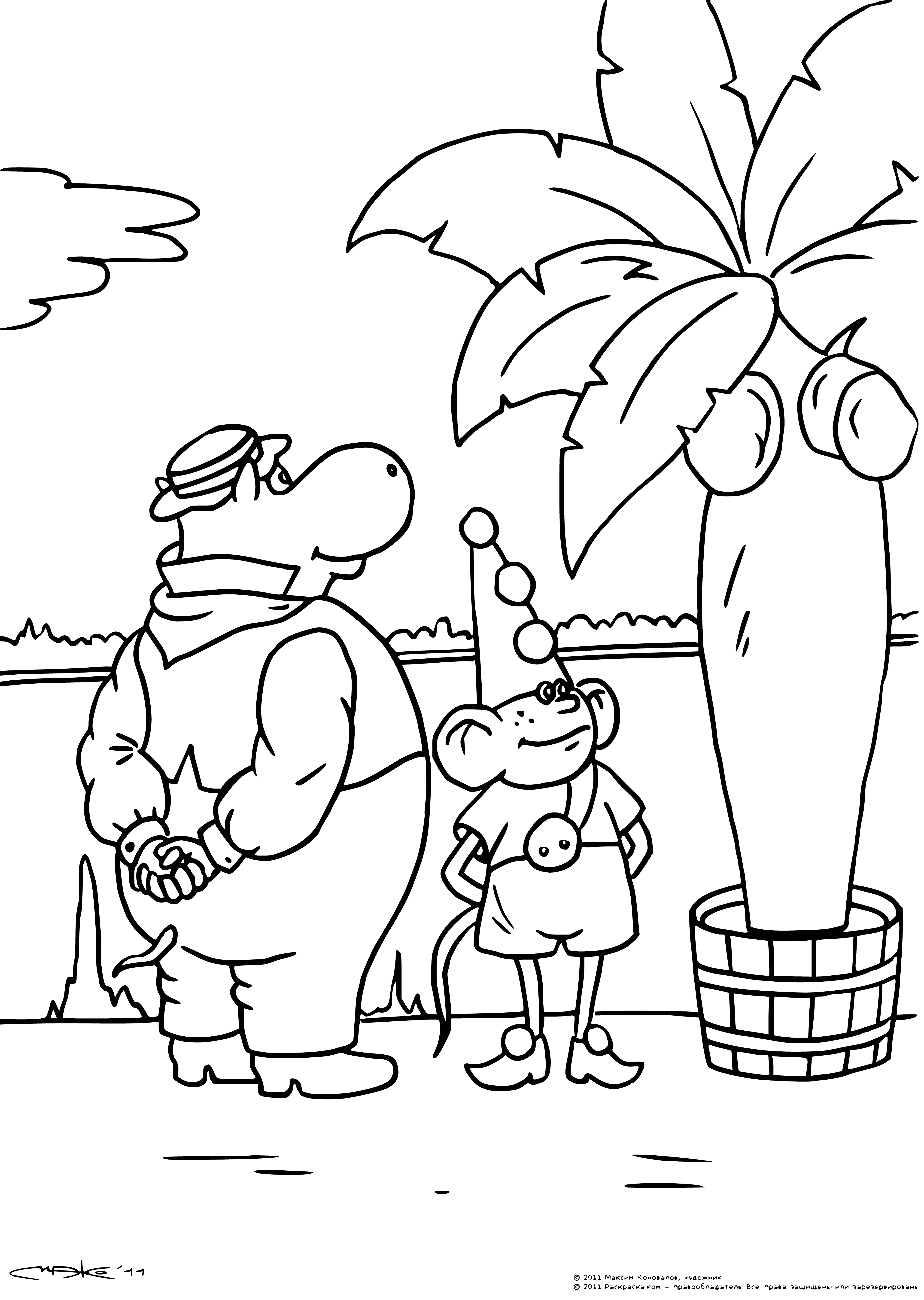 coloring page: Funtik plays with melted chocolate, trying to eat it.
