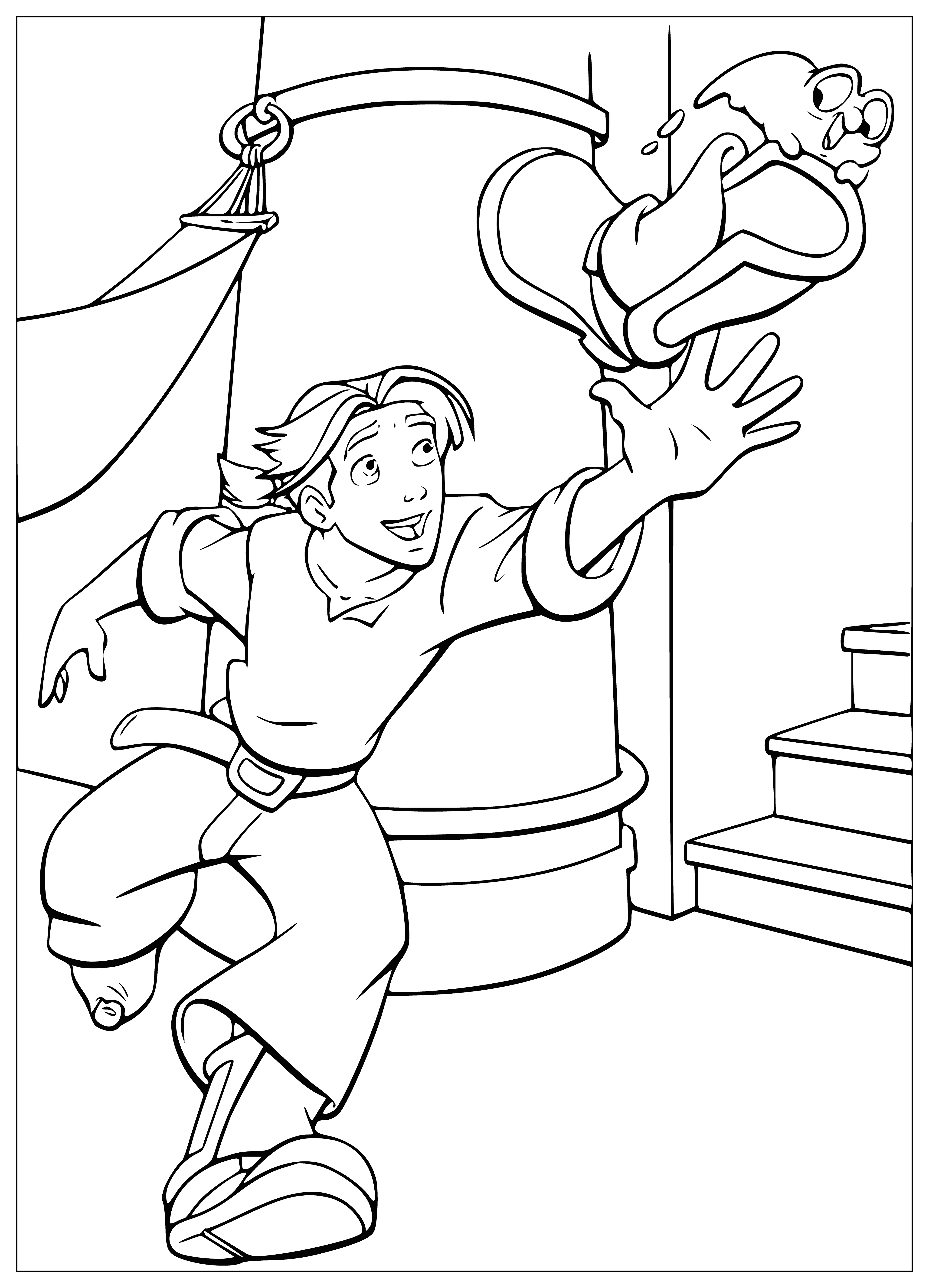 coloring page: Morph is a small, four-limbed alien in Treasure Planet, wearing a red vest & blue bandanna & standing on a treasure chest.