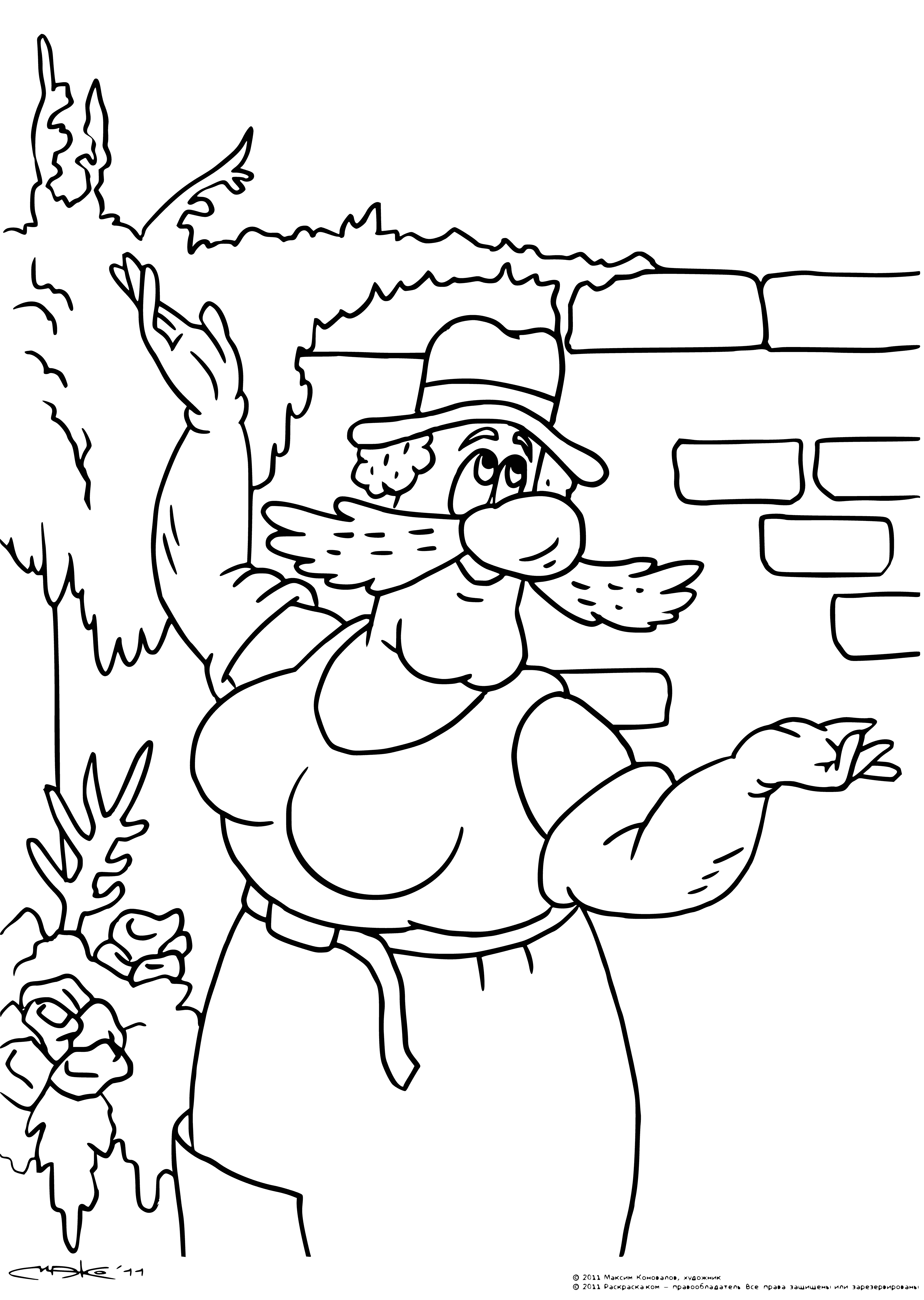 coloring page: Funtik and her grandpa meet an old lady who is missing her husband. Grandpa tries to comfort her when she starts to cry.