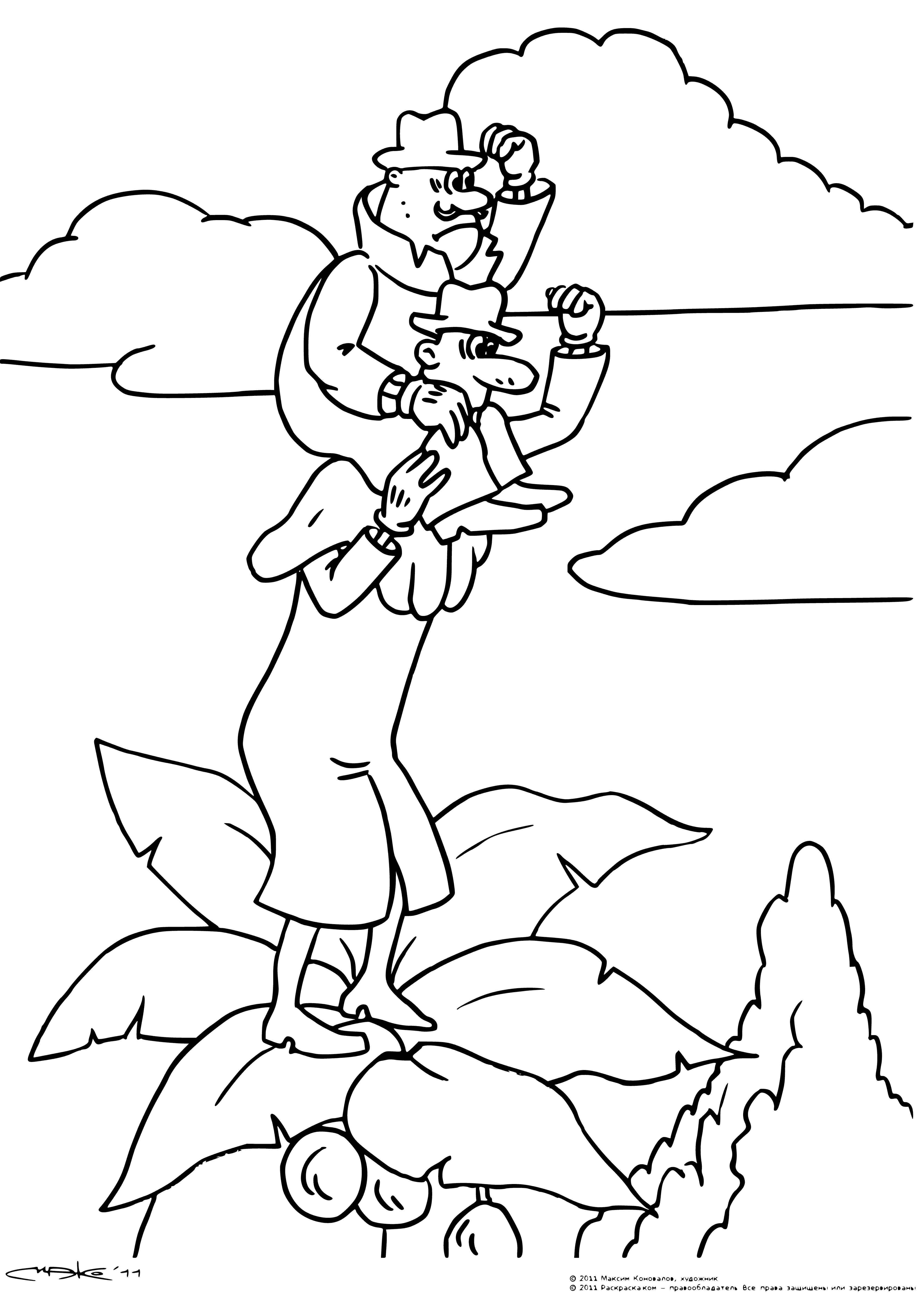 coloring page: Girl detective Funtik and her dog partner seek their next destination on an exciting adventure, examining a map.