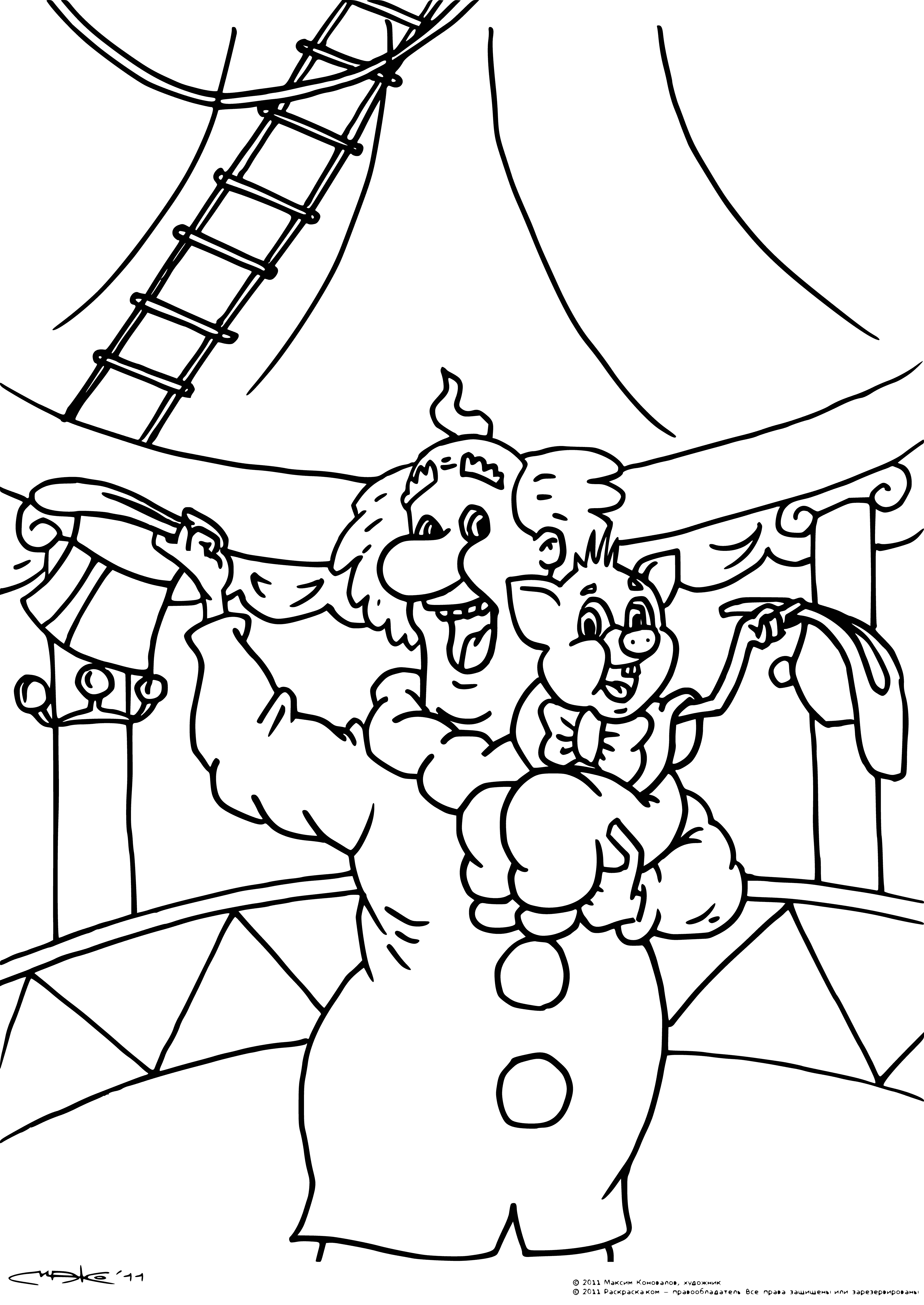 coloring page: Funtik and Mokus, two creatures with black eyes and orange noses, cuddle together in the center of a coloring page.
