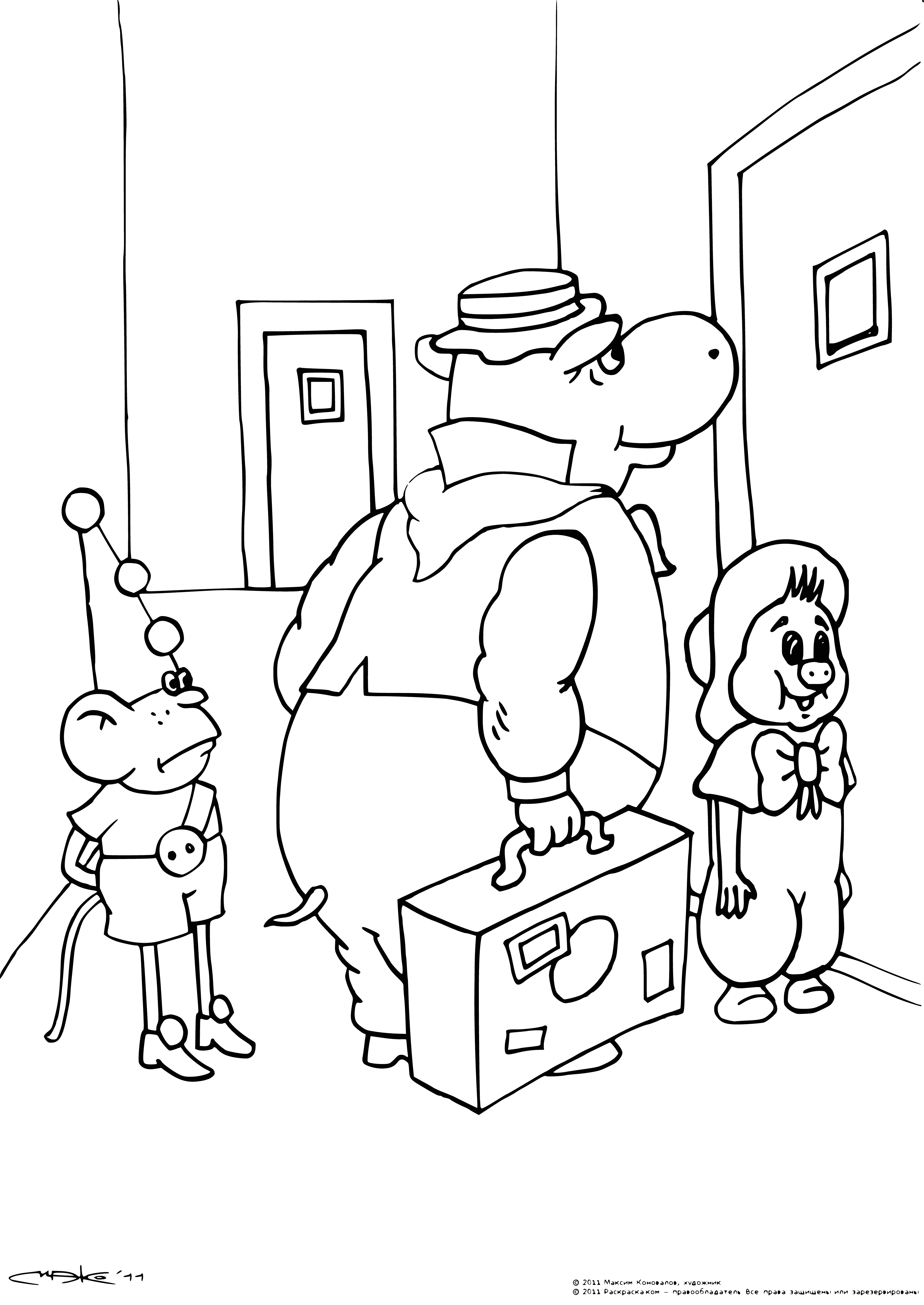 coloring page: Dog stands in front of hotel, backpack on, sign says "No pets allowed".