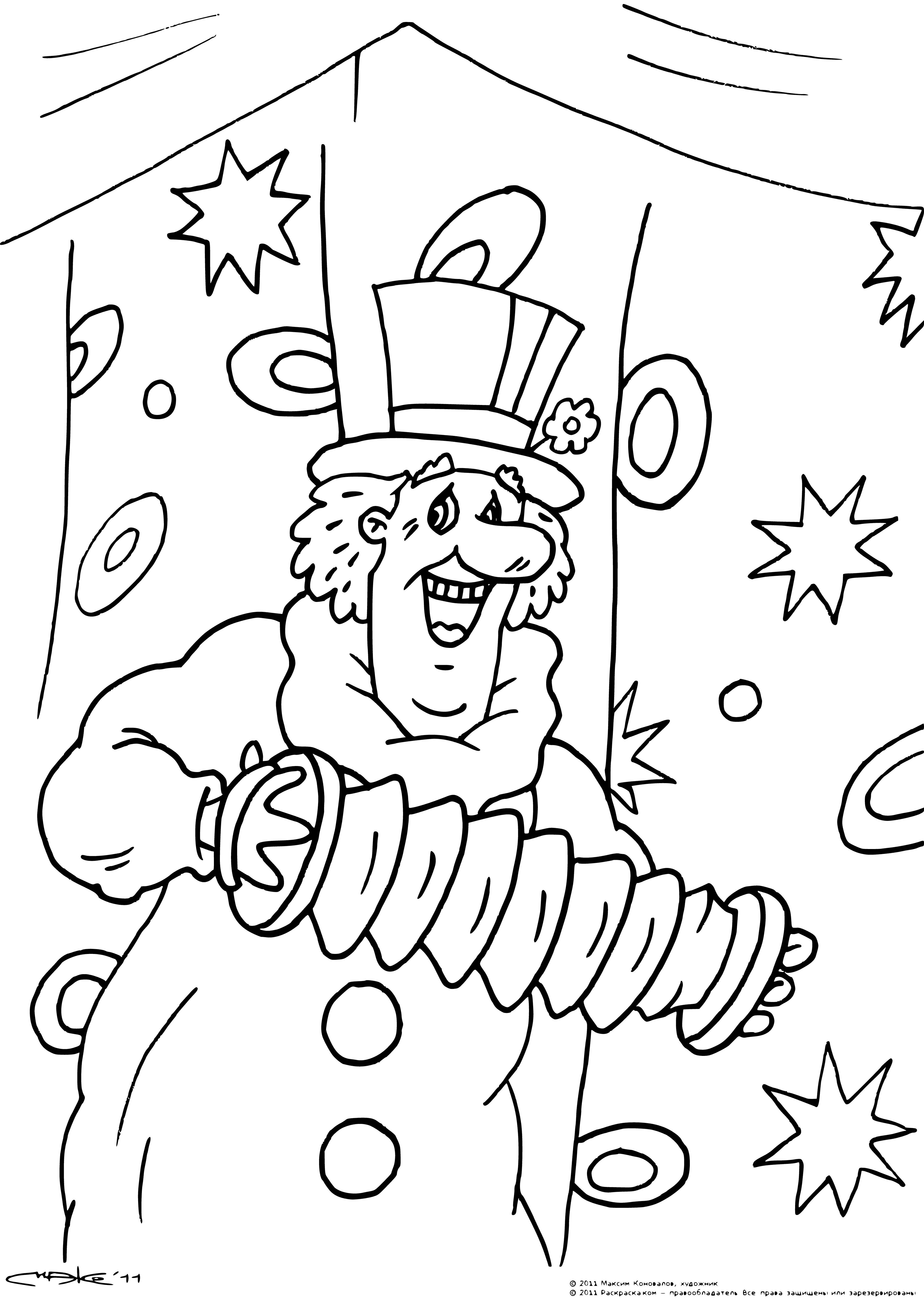 coloring page: Creature with furry appendages, sharp teeth, and arms in the air stands in orange center of page. Behind it, blue sky and two green creatures running away.
