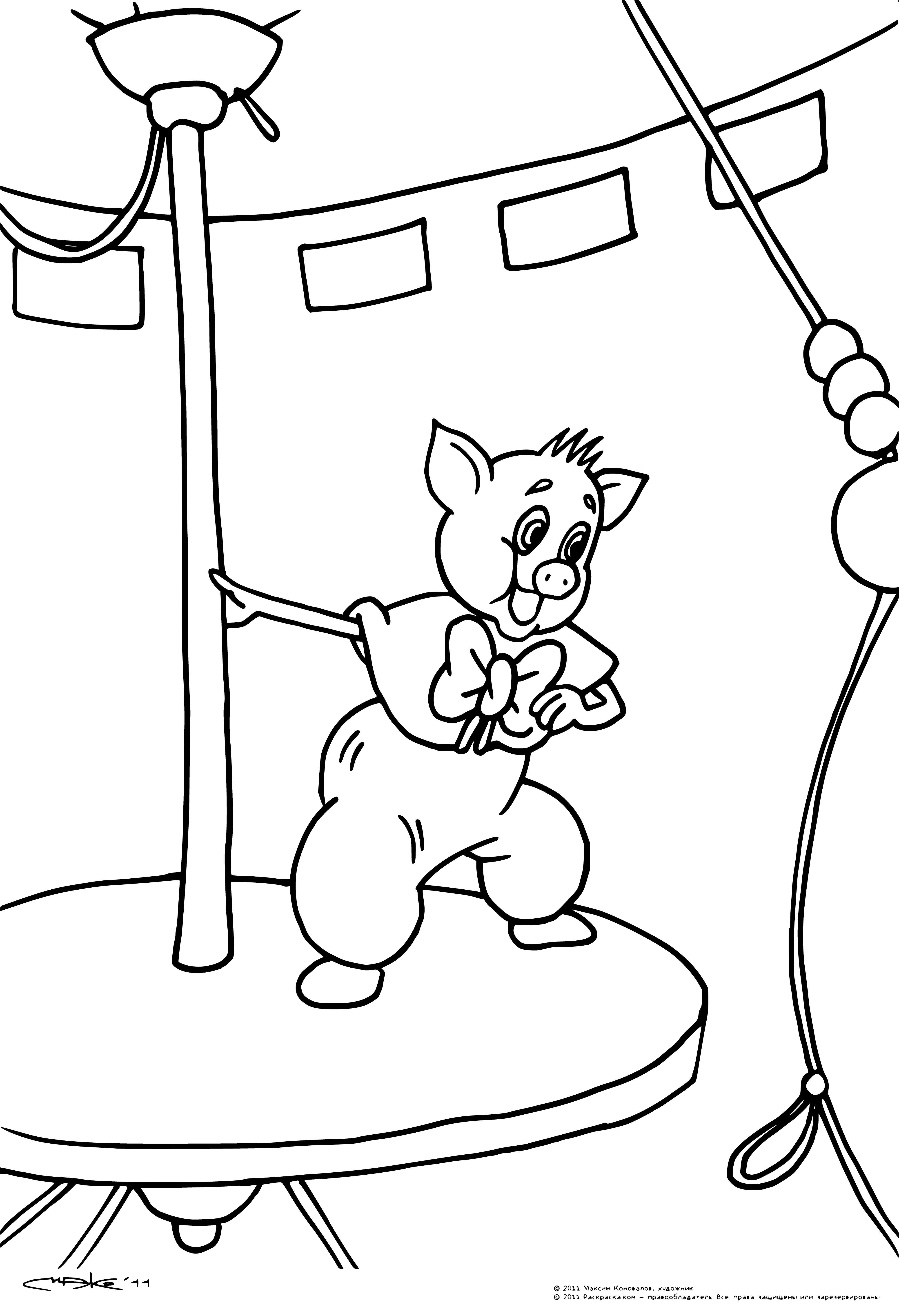 coloring page: Funtik is performing on stage, juggling three balls and wearing a red and white striped shirt, black pants, and red shoes. The audience is cheering!