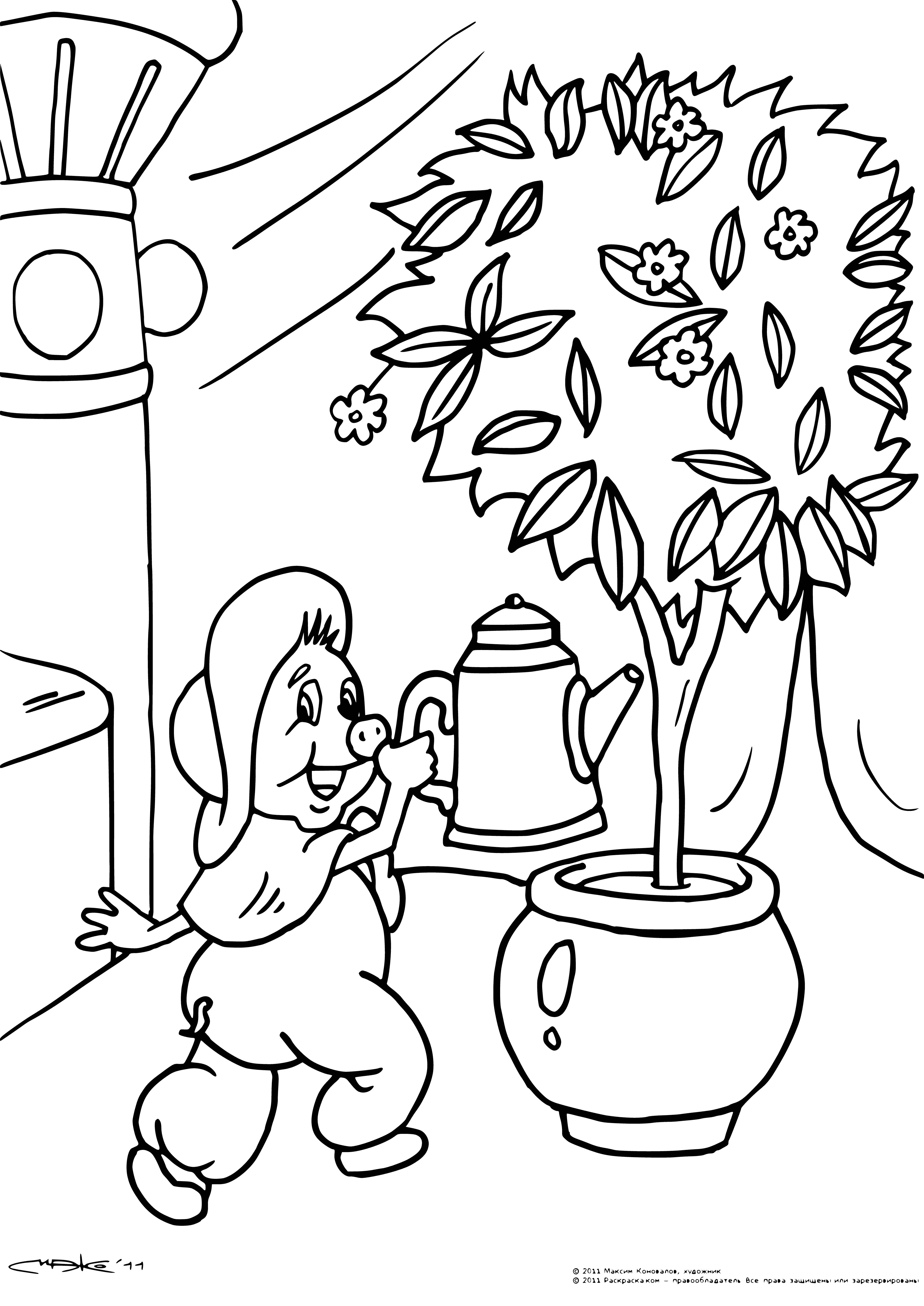 coloring page: Funtik, a grey kitten, is having magical adventures--a little bird flying around him as he waves his paw!