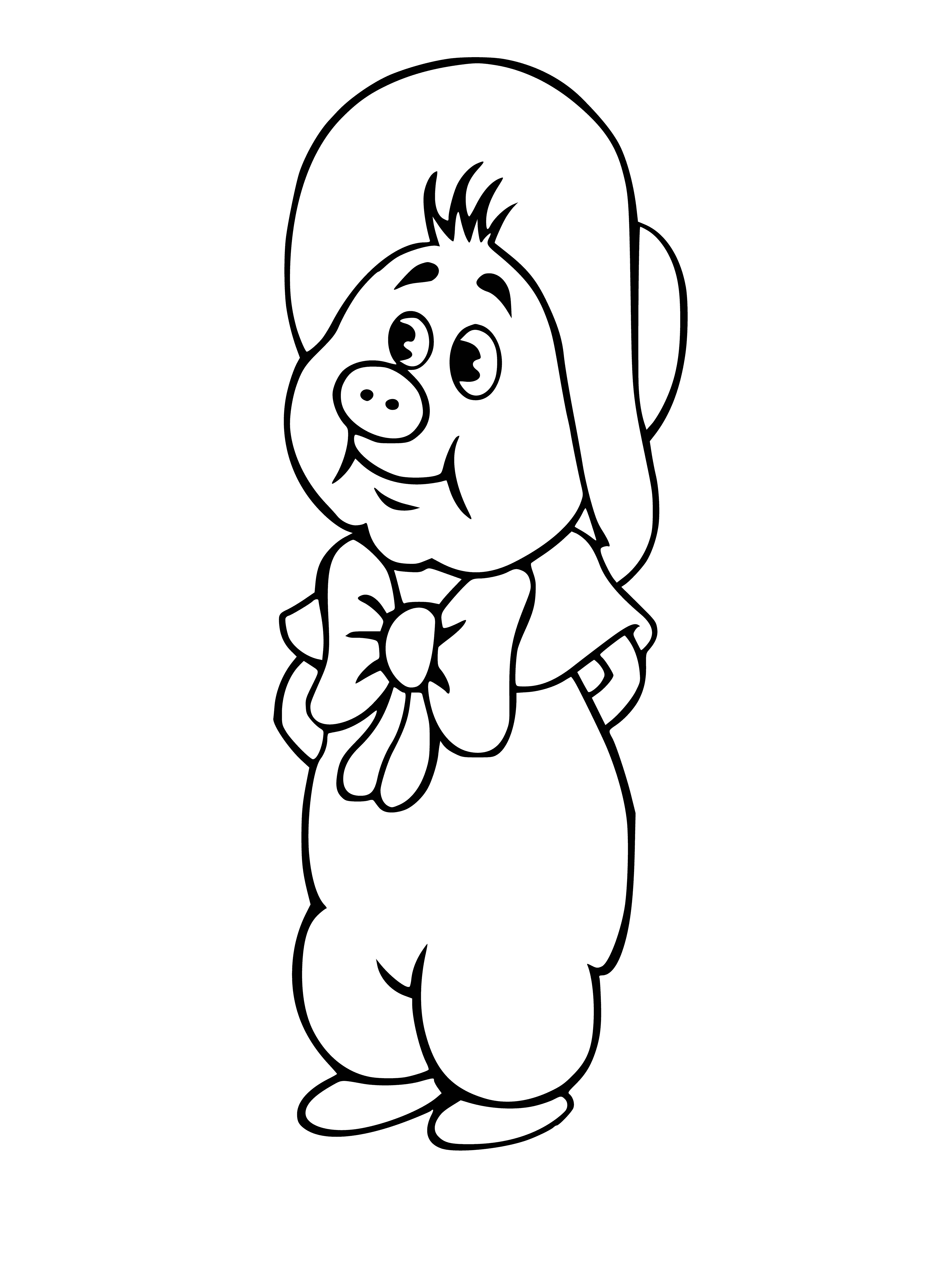 coloring page: Funtik, a pig on an adventure, rides his bicycle, helmet and all, with a big smile in a beautiful landscape.
